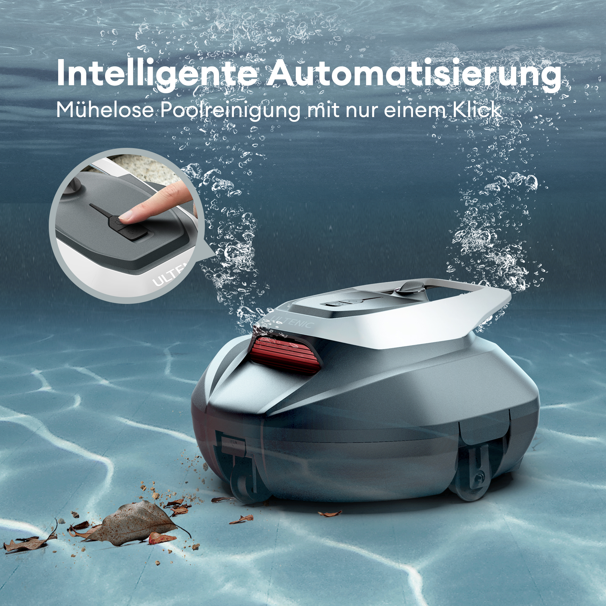 Unterwasserszene mit Roboter-Poolreiniger, Blasen und Text auf Deutsch.