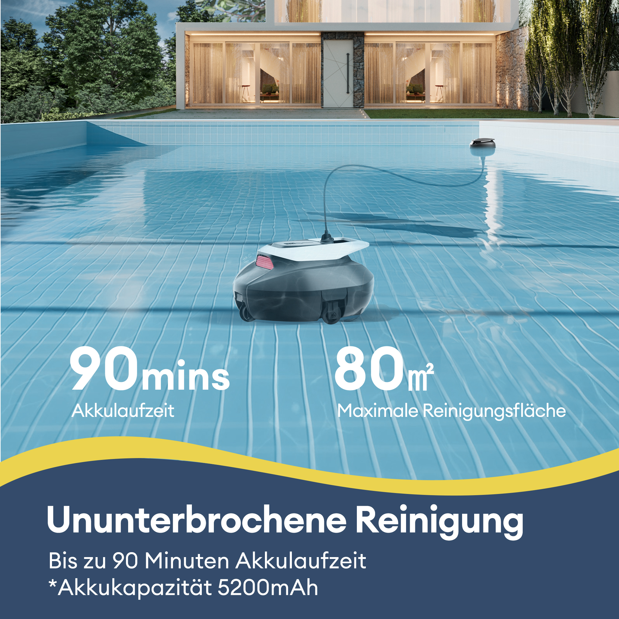 Ein Roboter-Poolreiniger in einem Pool mit Text über Akkulaufzeit und Reinigungsfläche, mit einem Haus im Hintergrund.