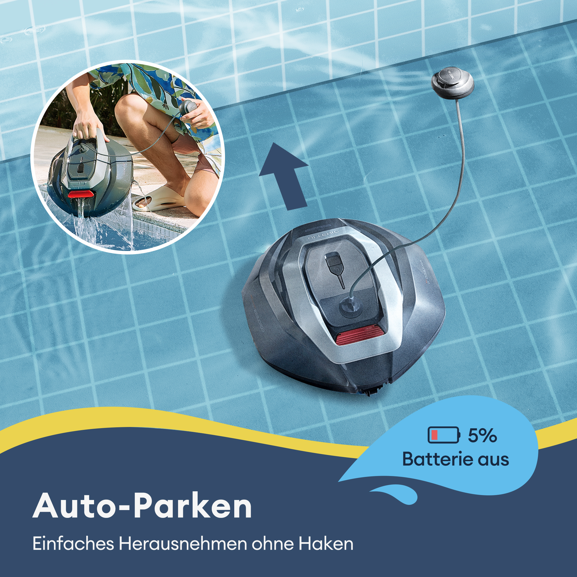 Poolreiniger in einem Pool, mit Pfeil nach oben. Text zum automatischen Parken. Blauer Hintergrund.