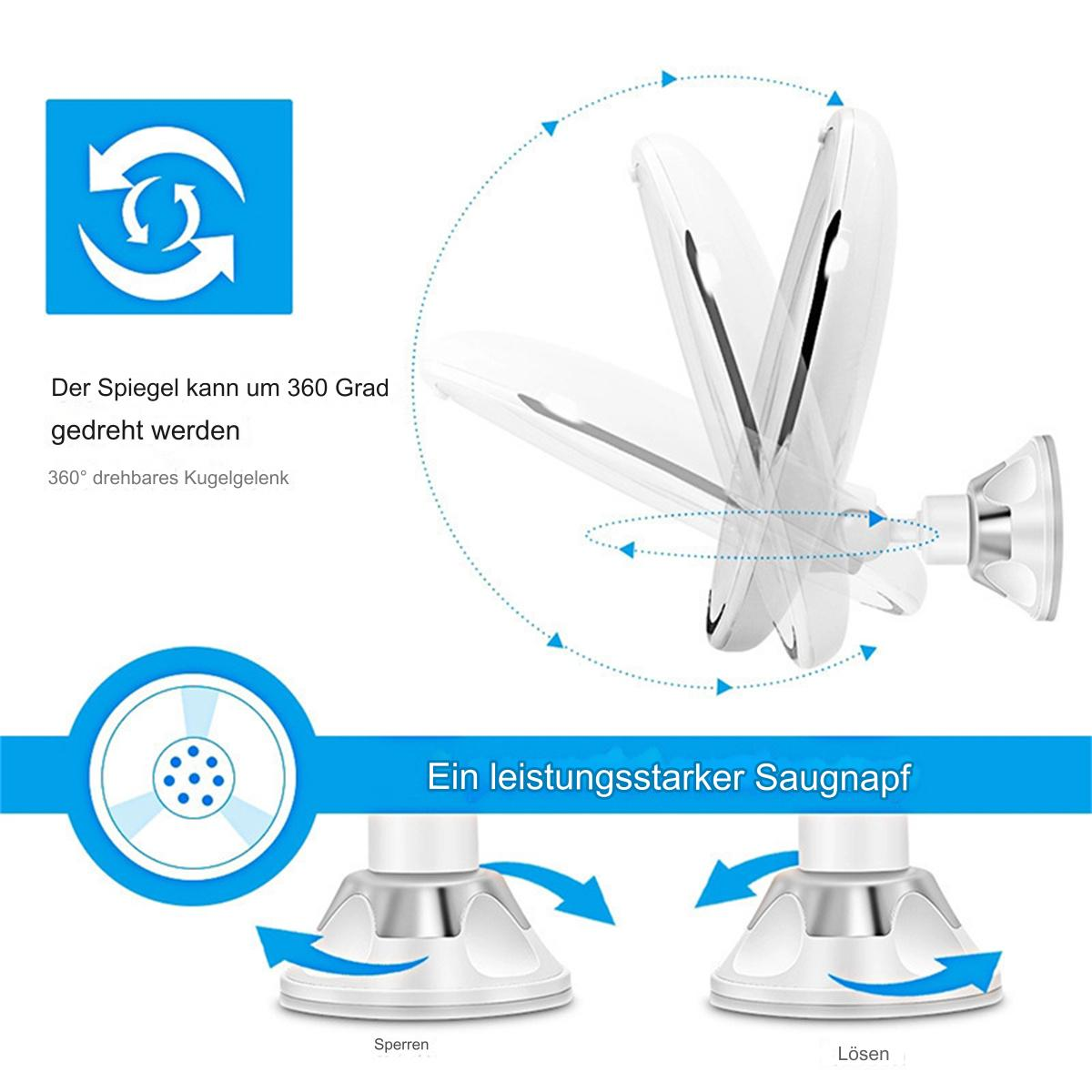 Diagramm, das einen 360-Grad verstellbaren Spiegel mit Saugnapf zeigt. Text, der die Funktionen des Spiegels erklärt.