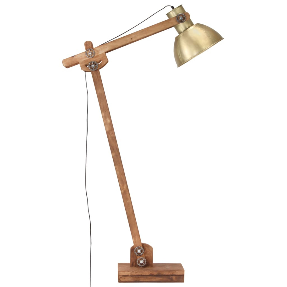 Holz-Stehlampe mit Messing-Lampenschirm. Braunes Holz und goldene Lampe.