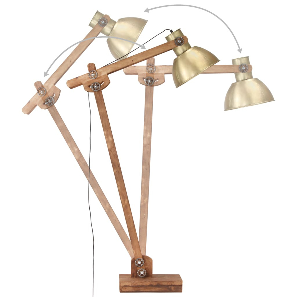 Verstellbare Stehlampe aus Holz mit Messing-Lampenschirm, die ihre verschiedenen Winkel zeigt.