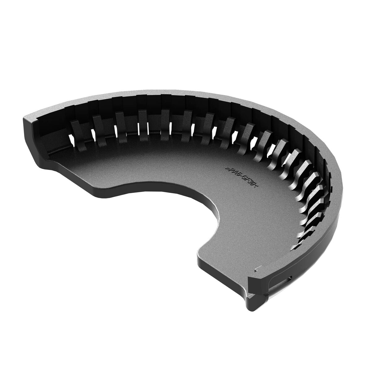 Zakrzywiona, półkolista część z tworzywa sztucznego, ciemnoszara z żebrowanym wnętrzem. Etykieta brzmi 'PAG-CF30'.