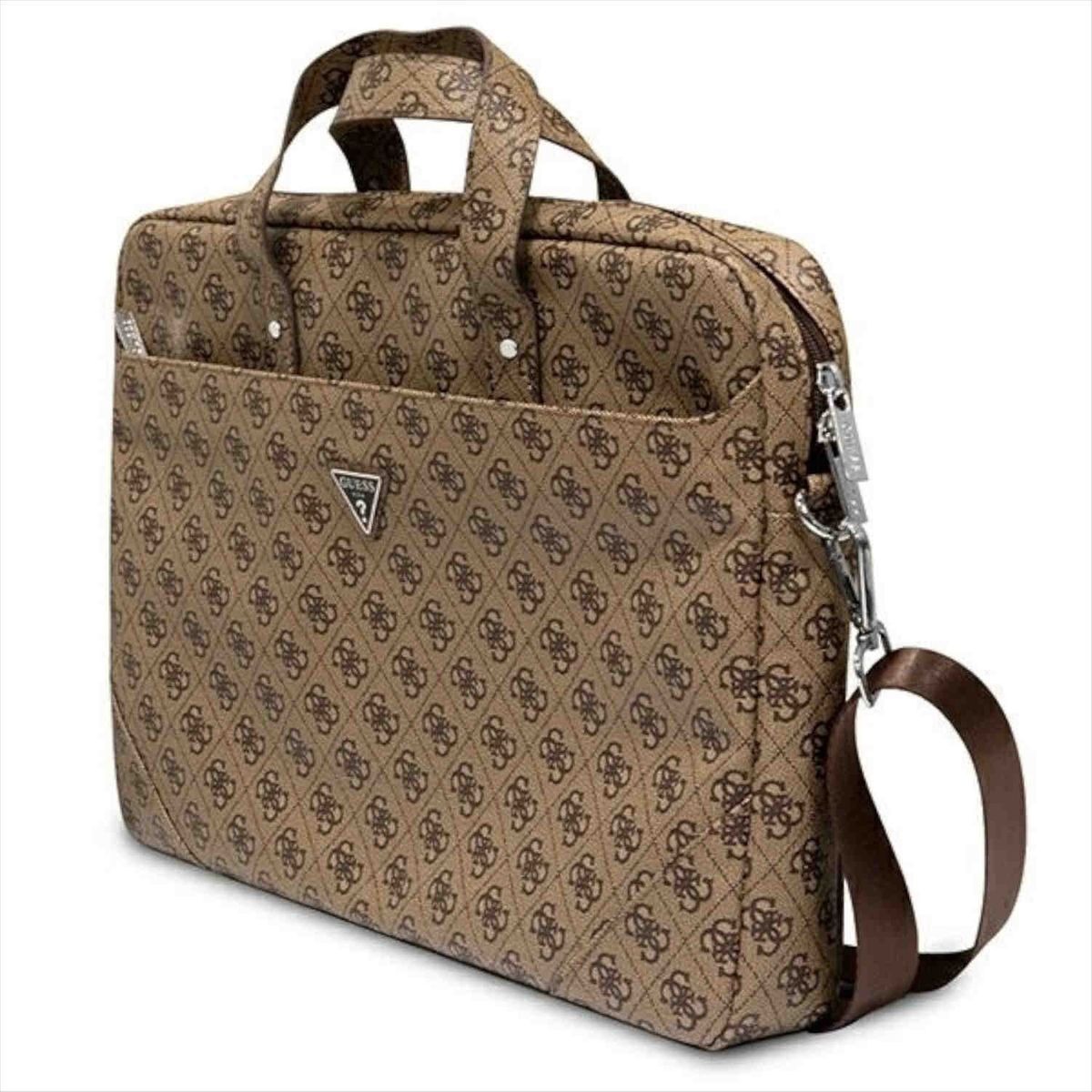 Borsa Guess marrone con motivo logo ripetuto, tracolla e manico.