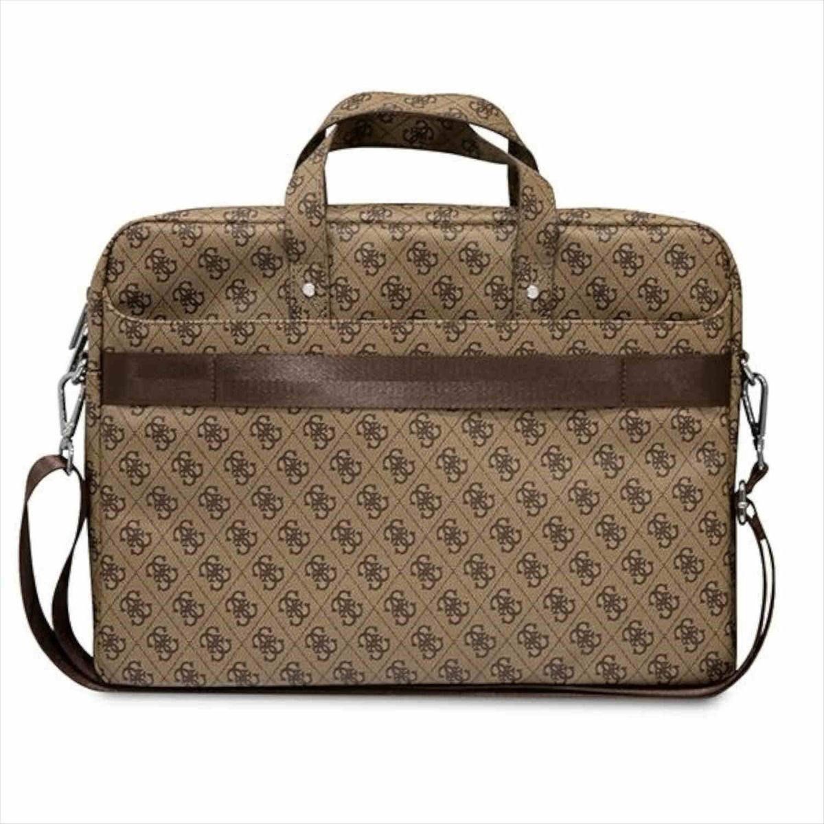 Una borsa per laptop marrone e beige fantasia con manico e tracolla.