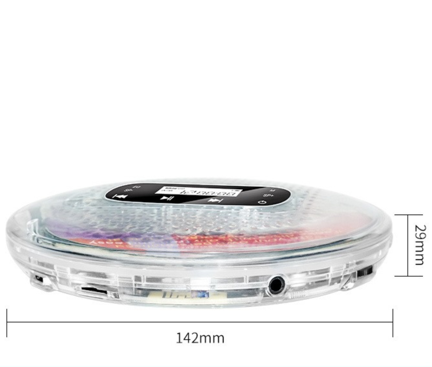 Ein durchsichtiger, runder tragbarer CD-Player mit Display und Knöpfen. Maße sind angegeben.