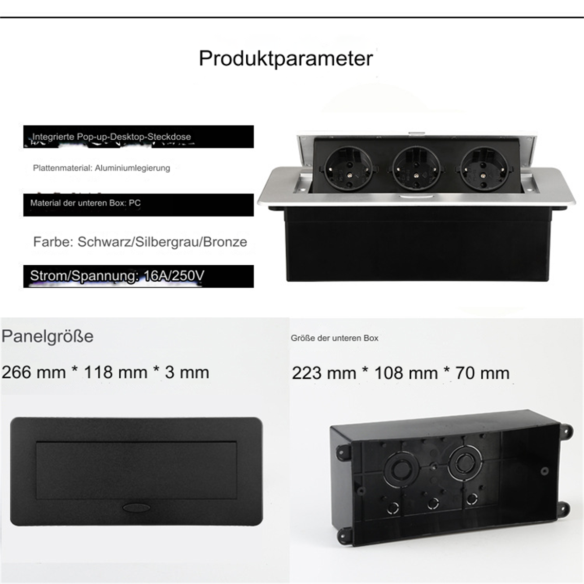 Pop-up-Desktop-Steckdose. Schwarze Box mit drei Steckdosen, Panel- und Boxgröße.