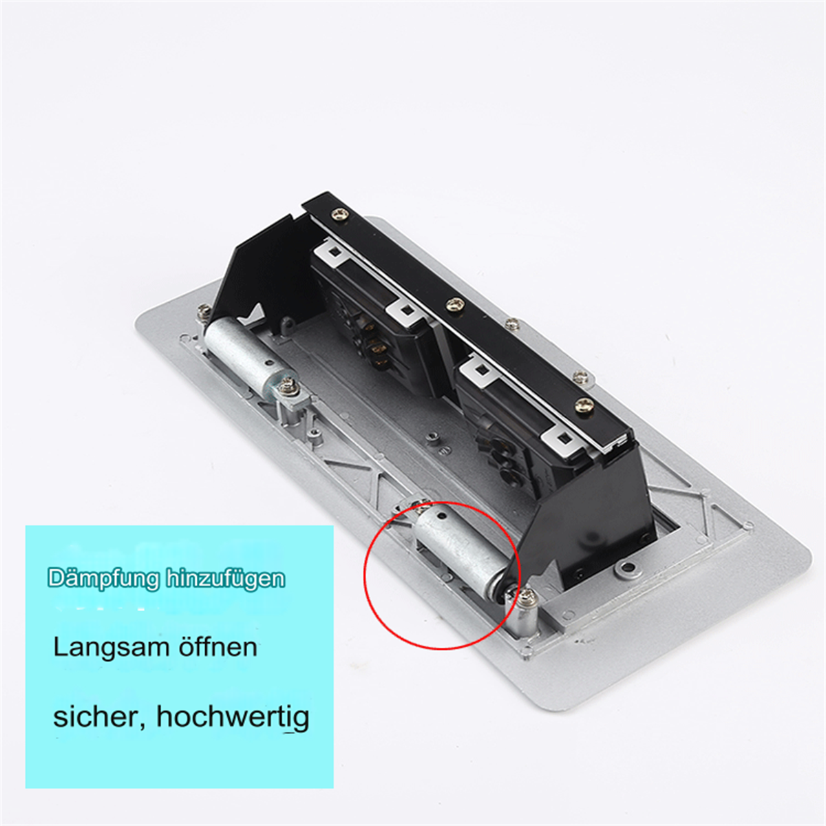 Silberne rechteckige Platte mit zwei zylindrischen Teilen. Der Text beschreibt die Funktion.