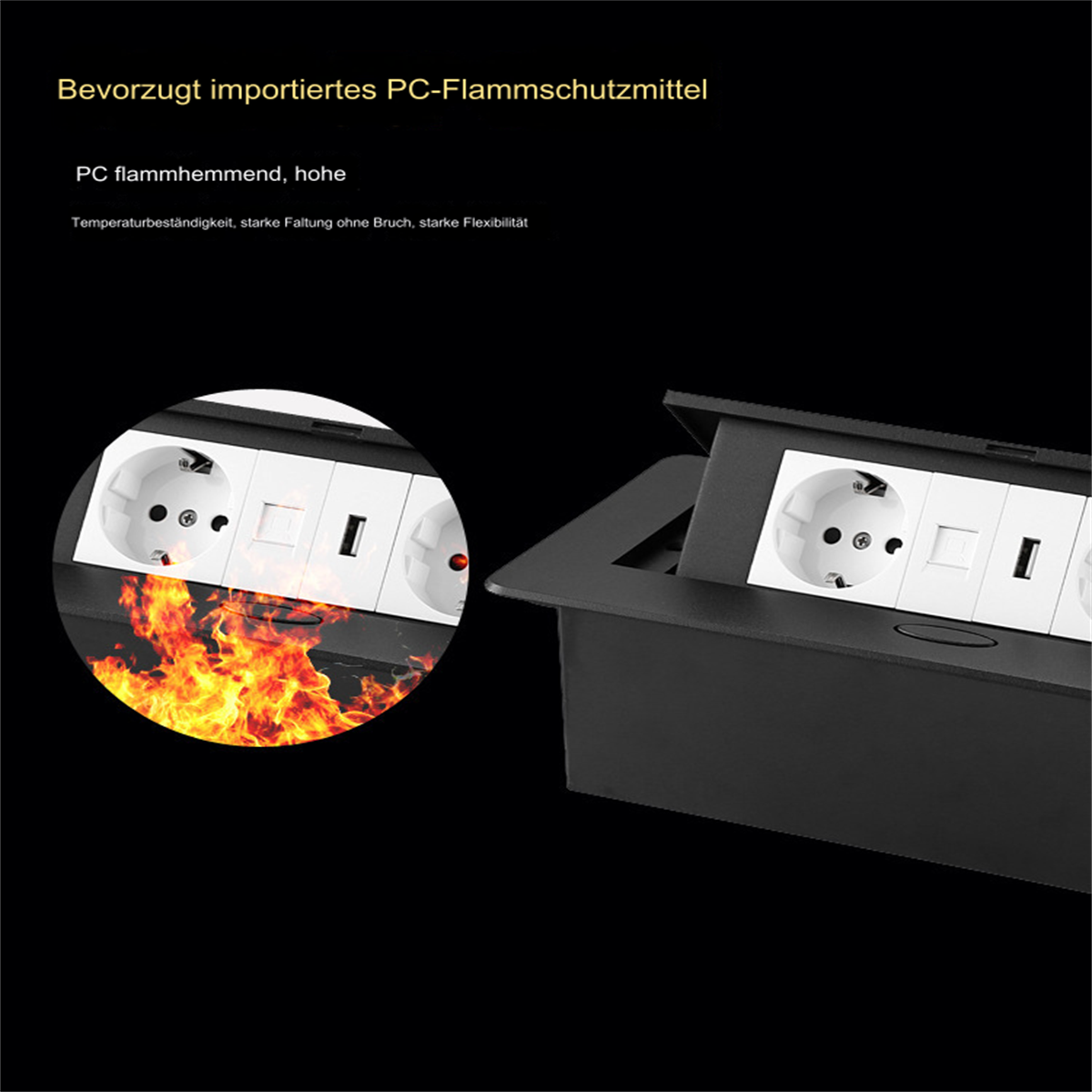 Eine schwarze Steckdose mit drei Steckdosen und USB-Anschlüssen, mit einer Flammen-Grafik. Text ist vorhanden.