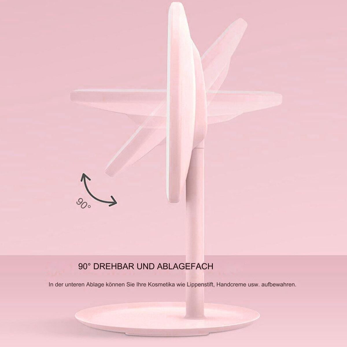 Rosa Spiegel auf Ständer. Text: '90° DREHBAR UND ABLAGEFACH'. Rosa Hintergrund.