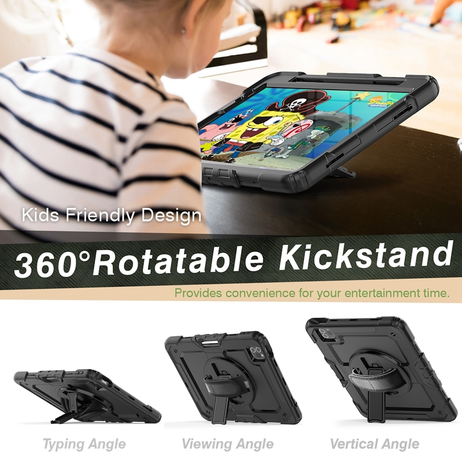 Ein Kind benutzt ein schwarzes Tablet mit Ständer, das einen Cartoon zeigt, in einer Schutzhülle.