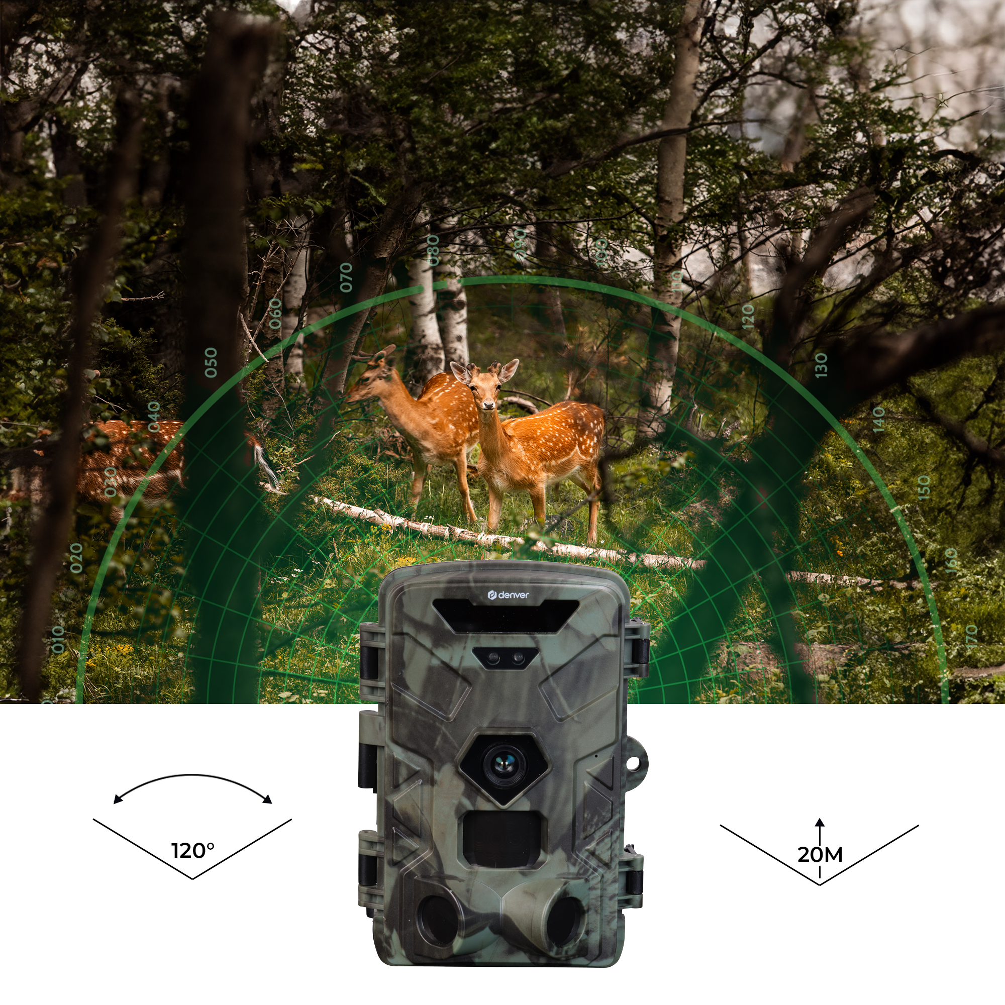 A camouflage trail camera pointed at deer in a forest, with a 120° and 20M range.