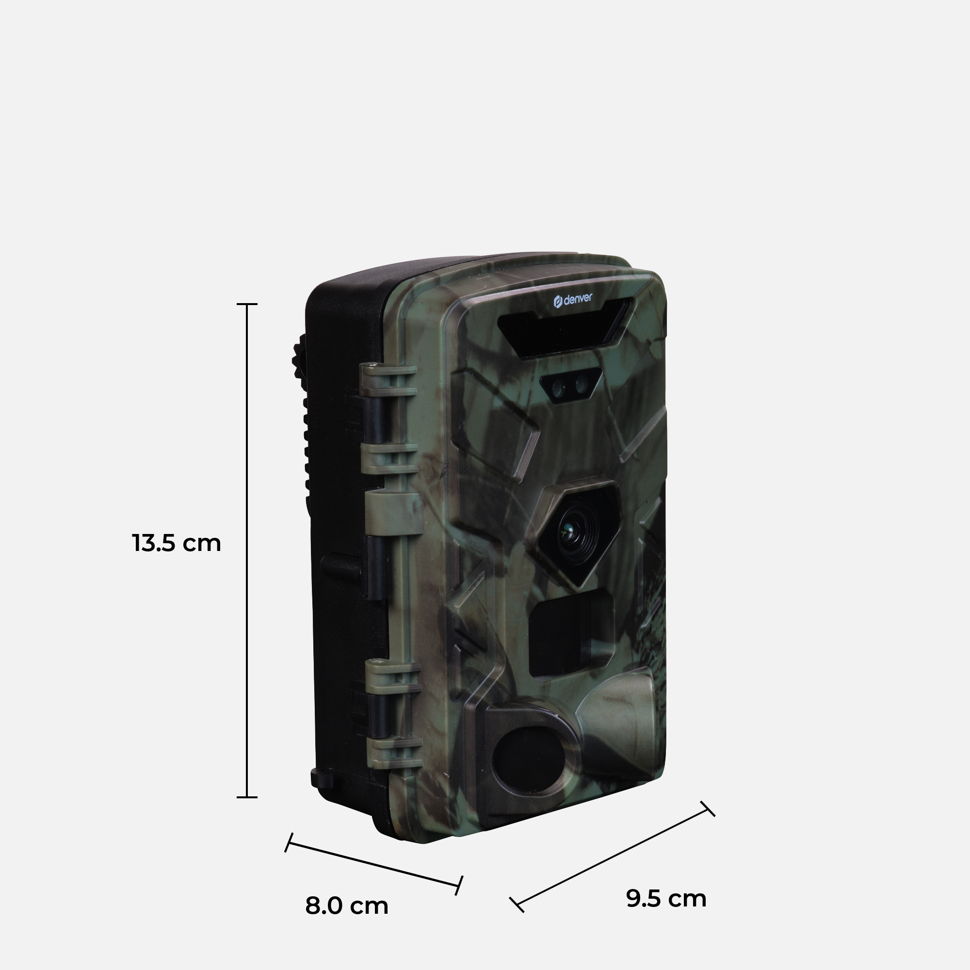 A camouflaged camera, with dimensions: 13.5cm high, 9.5cm wide, and 8cm deep.