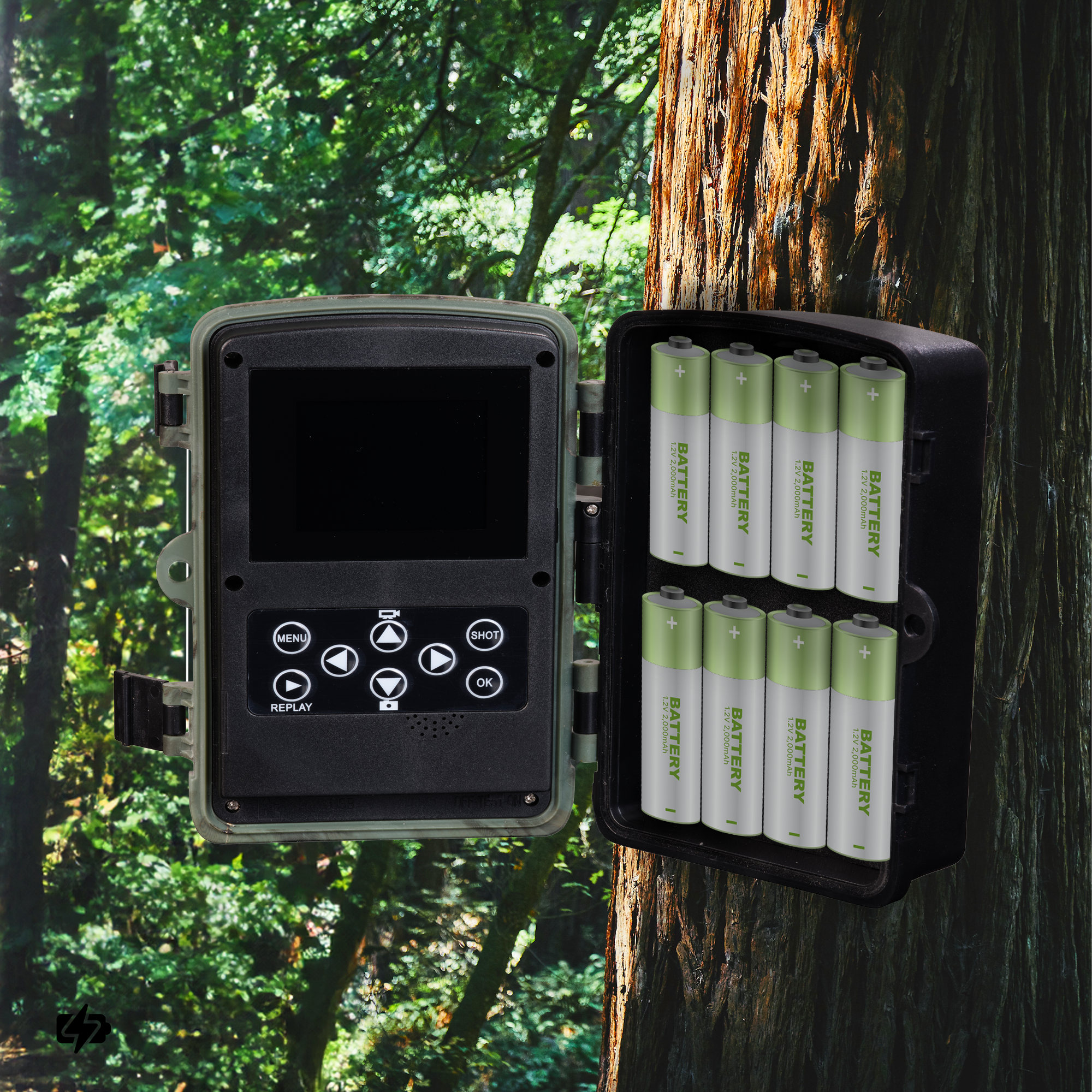 Trail camera in tree. Open door shows batteries. Forest in background.