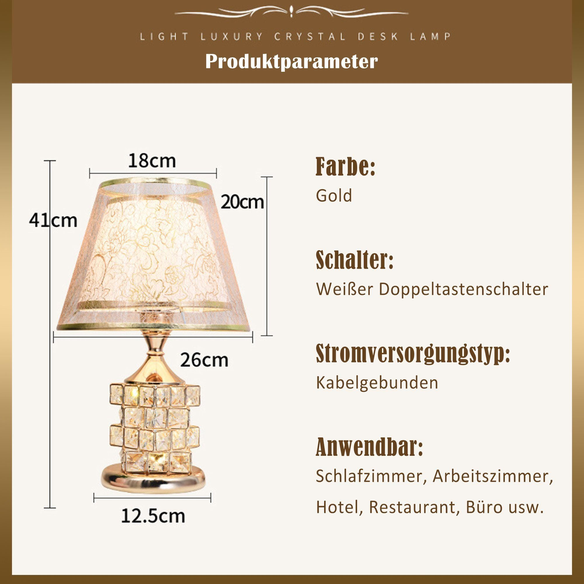Goldene Schreibtischlampe mit Maßen, weißem Lampenschirm und Kristallfuß. Deutsche Texte zeigen Spezifikationen.