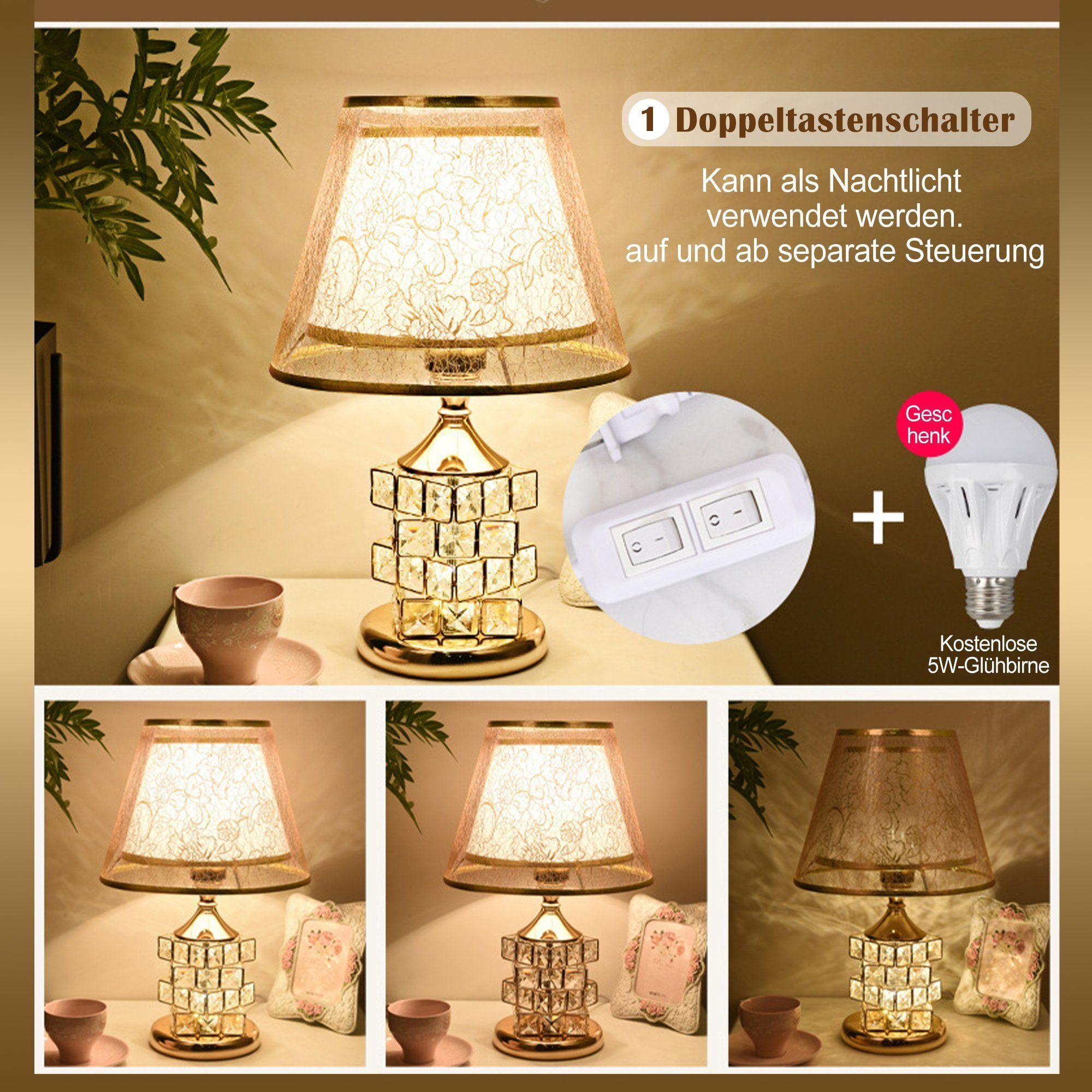 Eine Tischlampe mit Kristallfuß und Lampenschirm. Enthält einen Schalter und eine Glühbirne. Drei verschiedene Beleuchtungsszenarien.