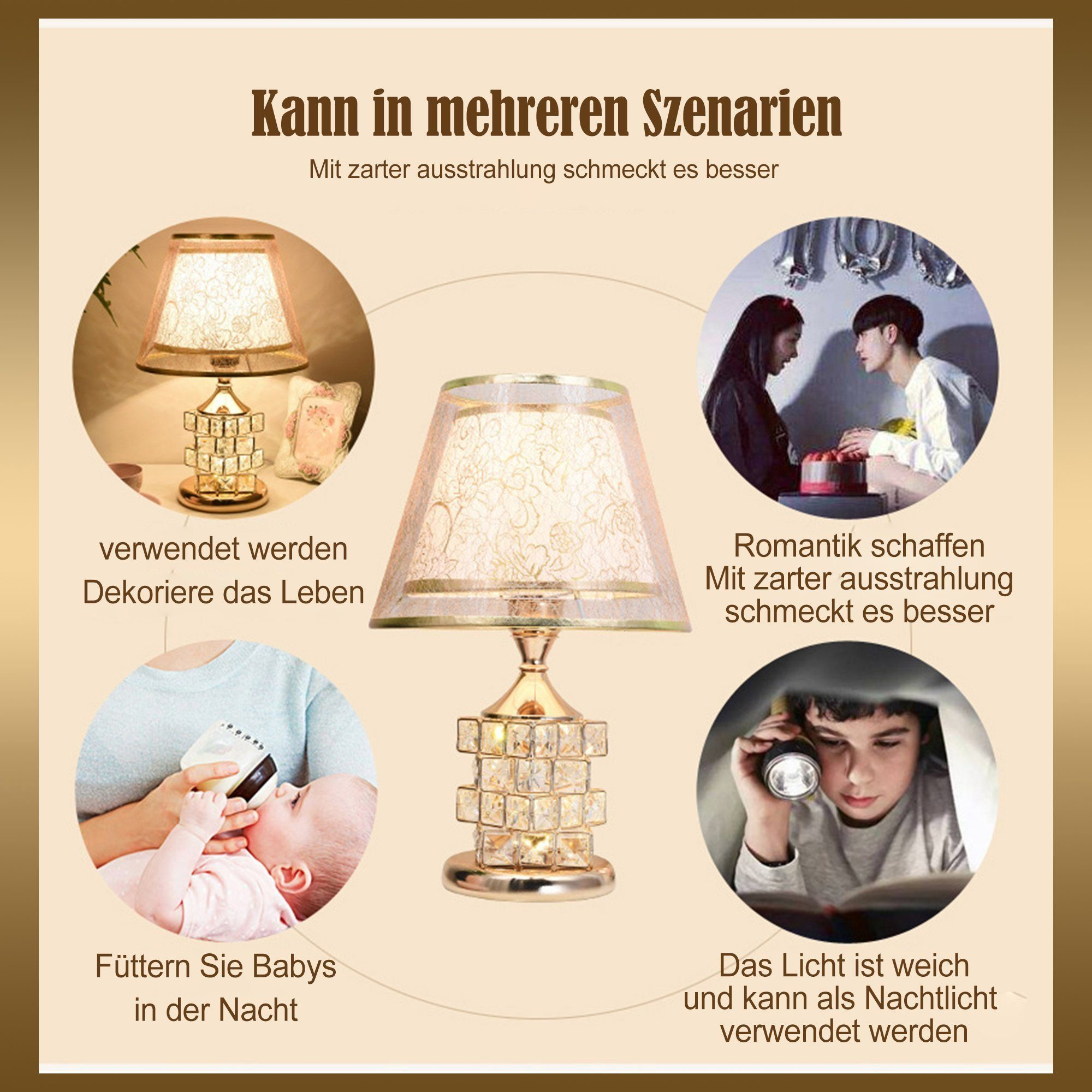 Eine goldfarbene Tischlampe mit Lampenschirm und vier kreisförmigen Einsätzen, die verschiedene Verwendungen zeigen.