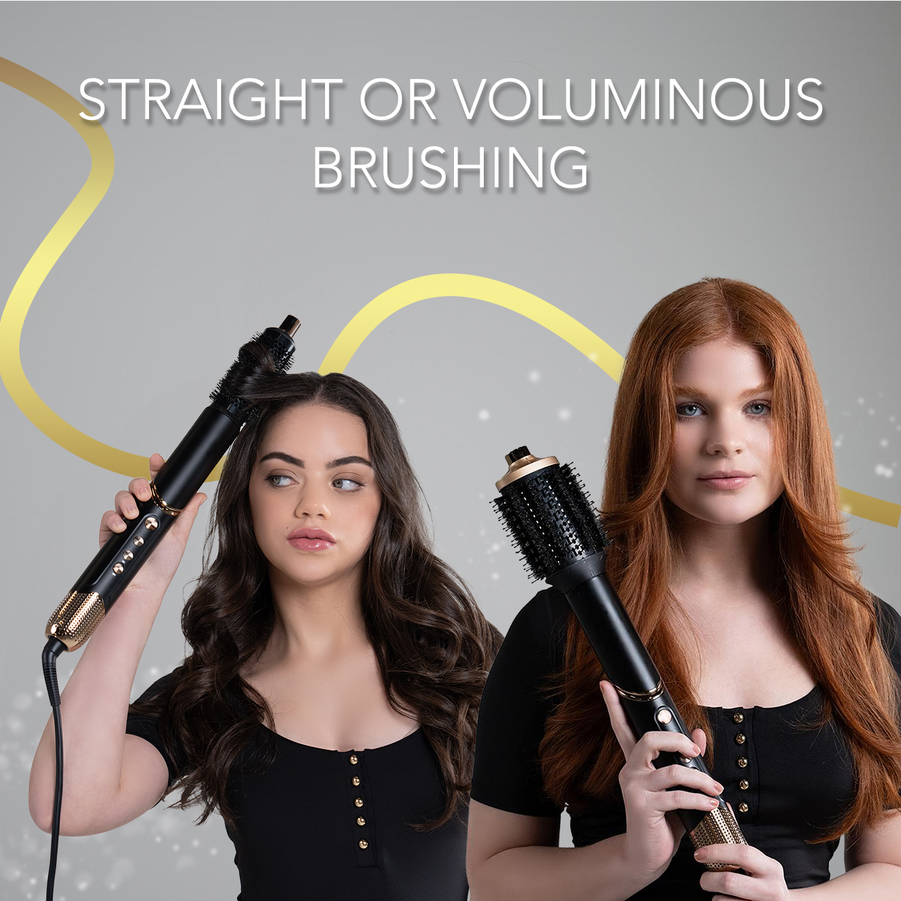 Zwei Frauen halten Haarstyling-Werkzeuge. Text oben: 'Gerades oder voluminöses Bürsten'.