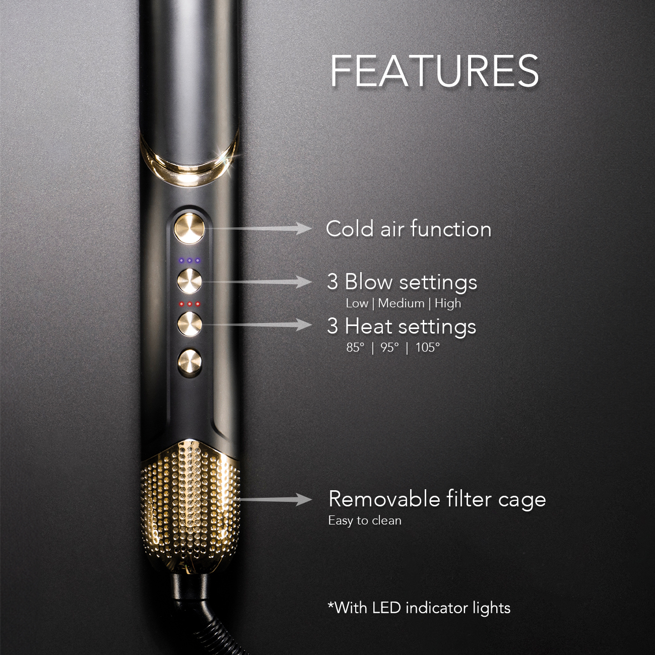 Ein Haarstyling-Tool mit Tasten für Kaltluft-, Gebläse- und Hitzeeinstellungen, mit LED-Anzeigen.