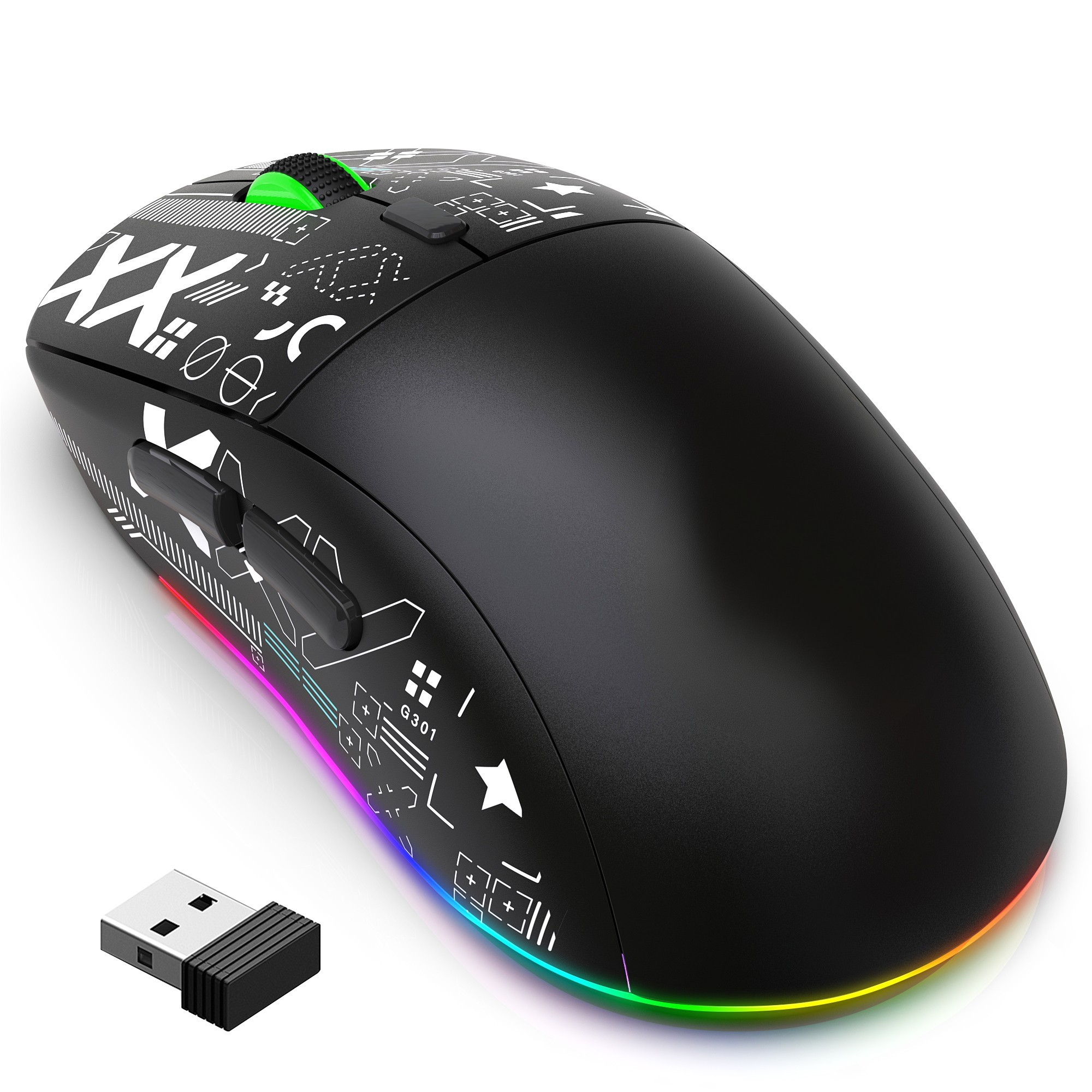 Schwarze Gaming-Maus mit weißen Grafiken und RGB-Lichtleiste, inkl. USB-Empfänger.