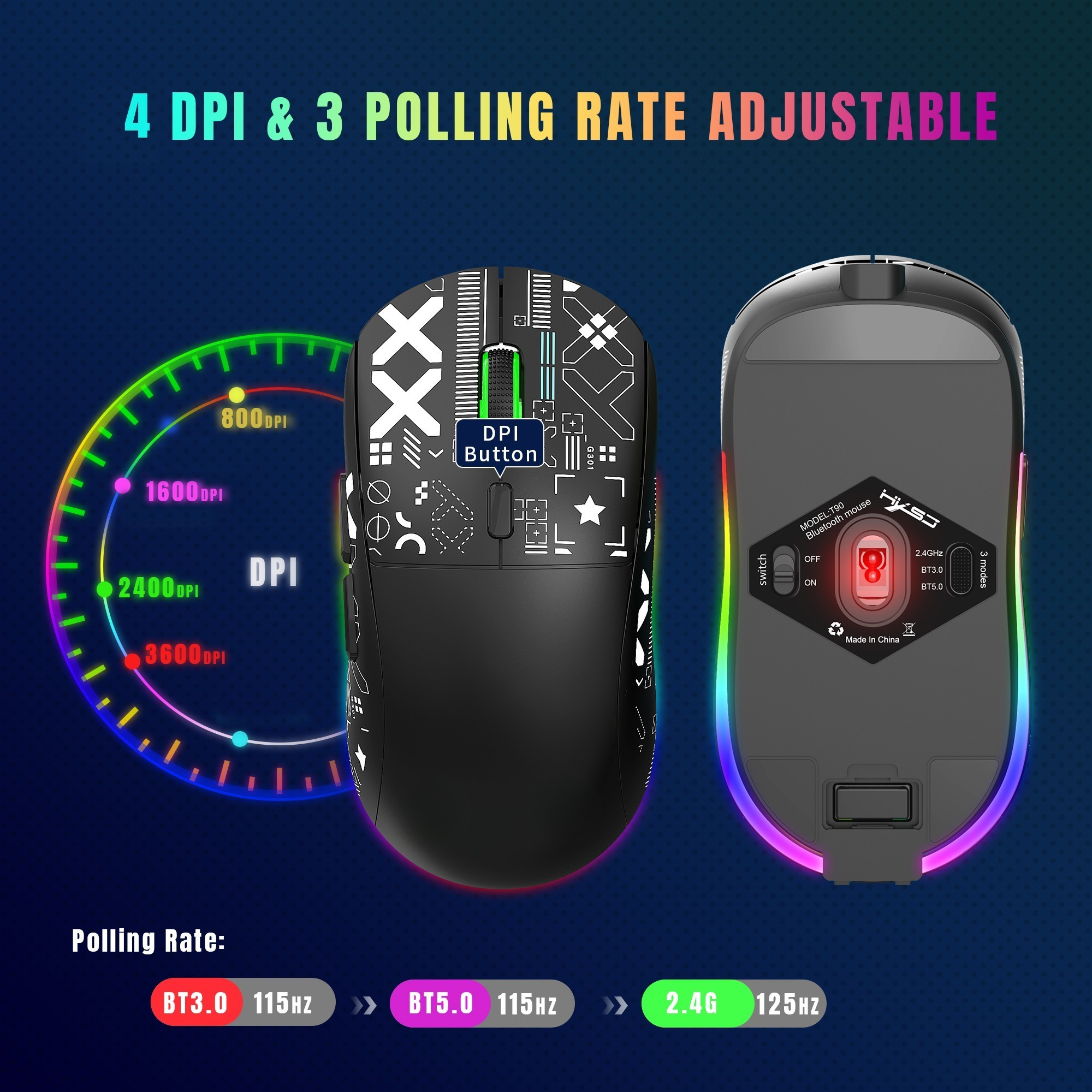 Schwarze Gaming-Maus mit DPI- und Pollingrate-Einstellungen, bunte Lichter.