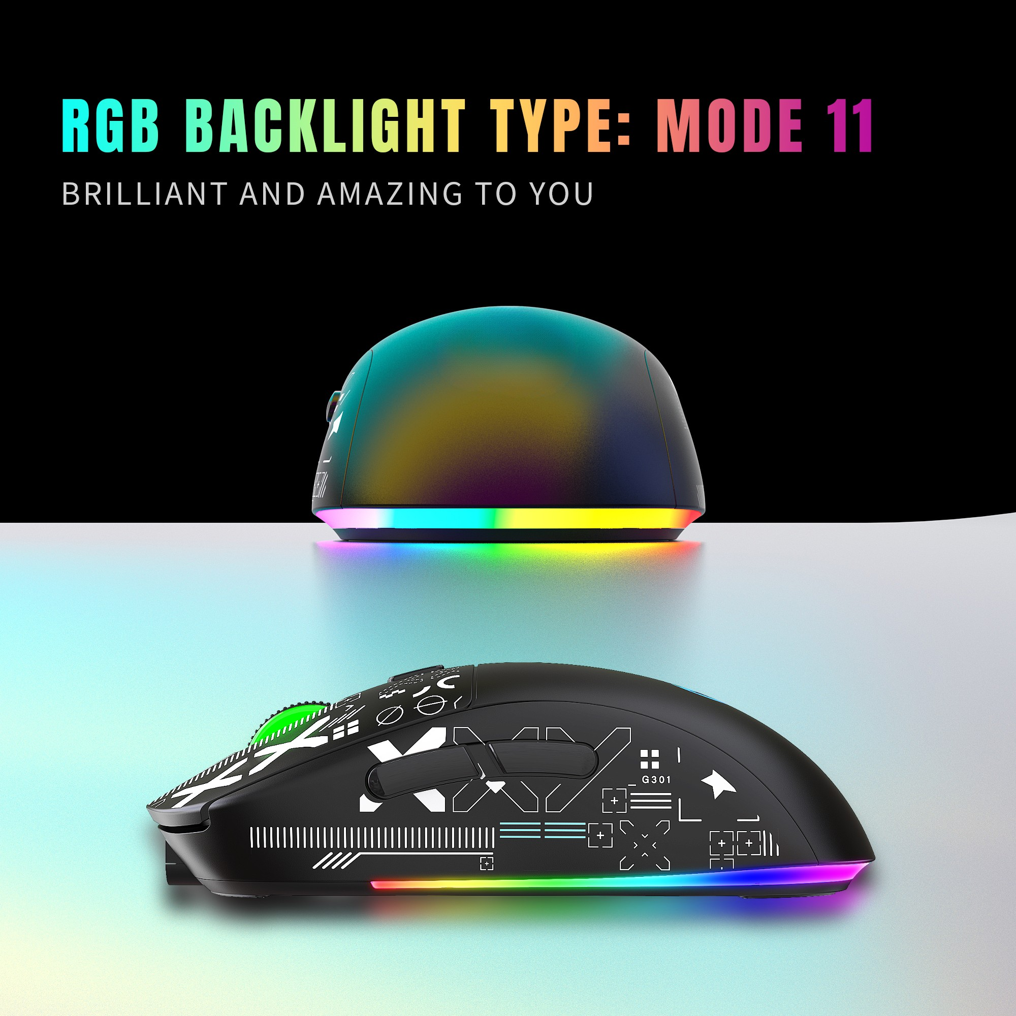 Schwarze Gaming-Maus mit RGB-Beleuchtung. Draufsicht auf die Maus und Seitenansicht.