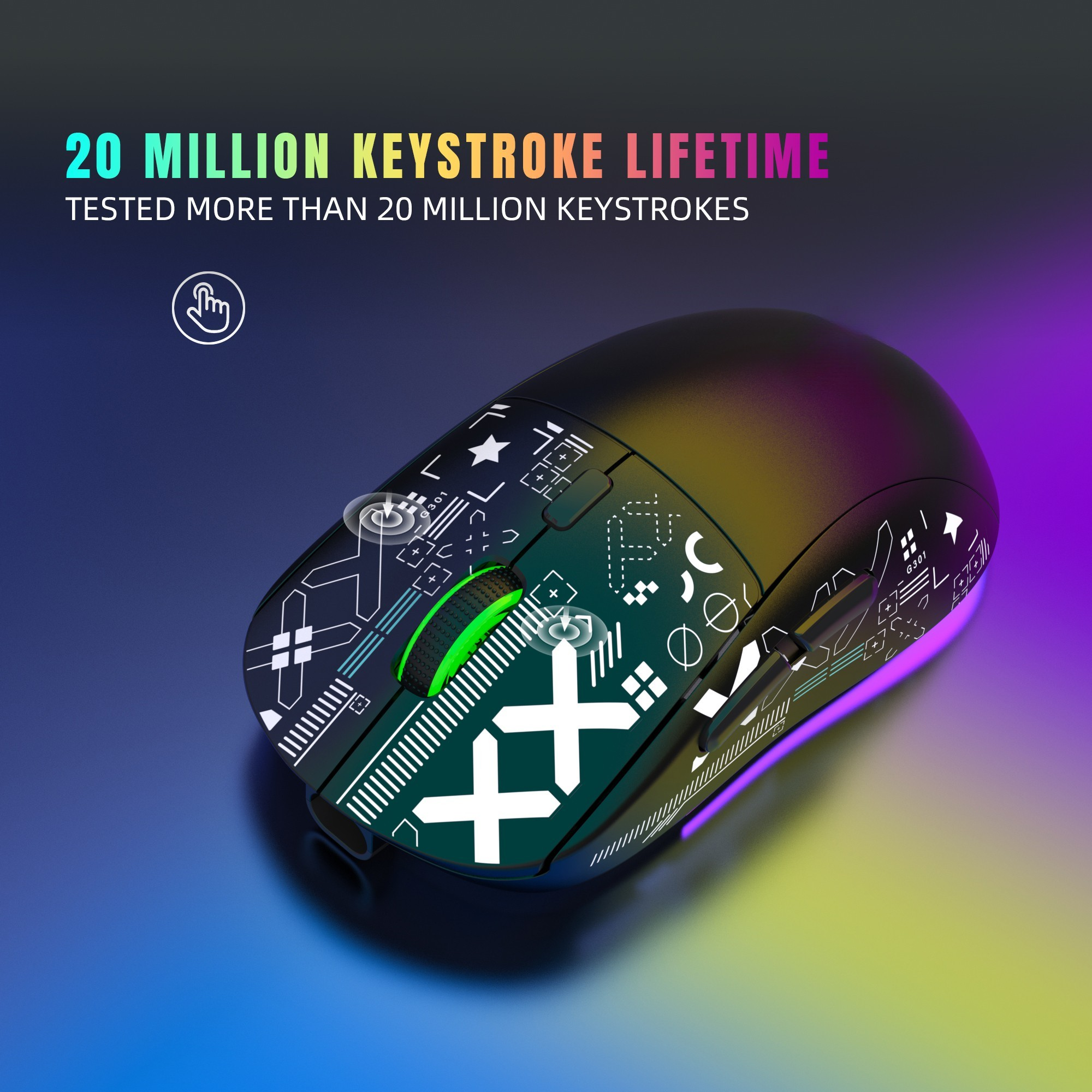 Eine Gaming-Maus mit leuchtenden Akzenten. Sie hat den Text "20 MILLION KEYSTROKE LIFETIME".