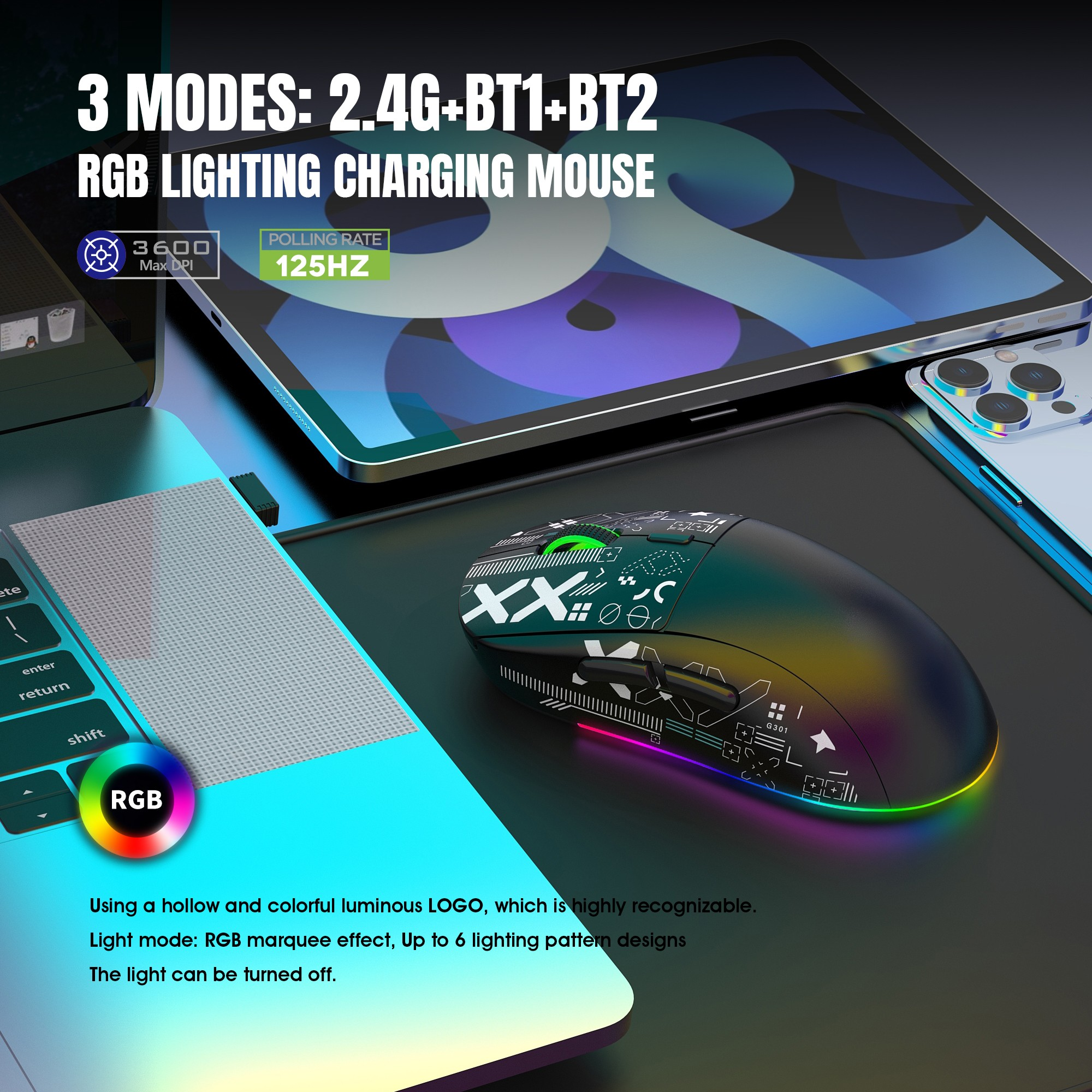 Gaming-Maus mit RGB-Beleuchtung, präsentiert auf einem Mauspad, mit Tablet und Tastatur im Hintergrund.
