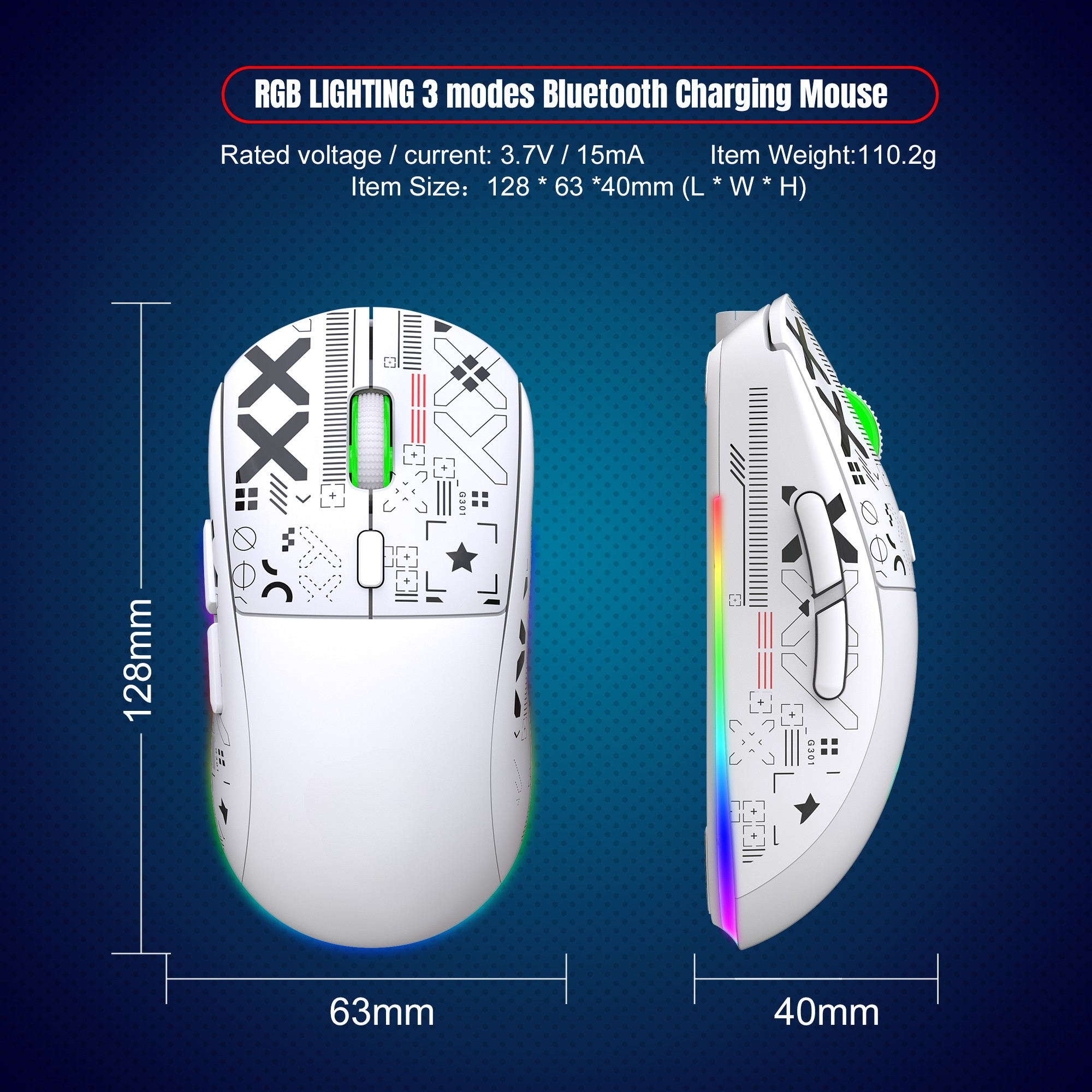 Weiße und schwarze kabellose Maus mit angegebenen Abmessungen, mit RGB-Beleuchtung.