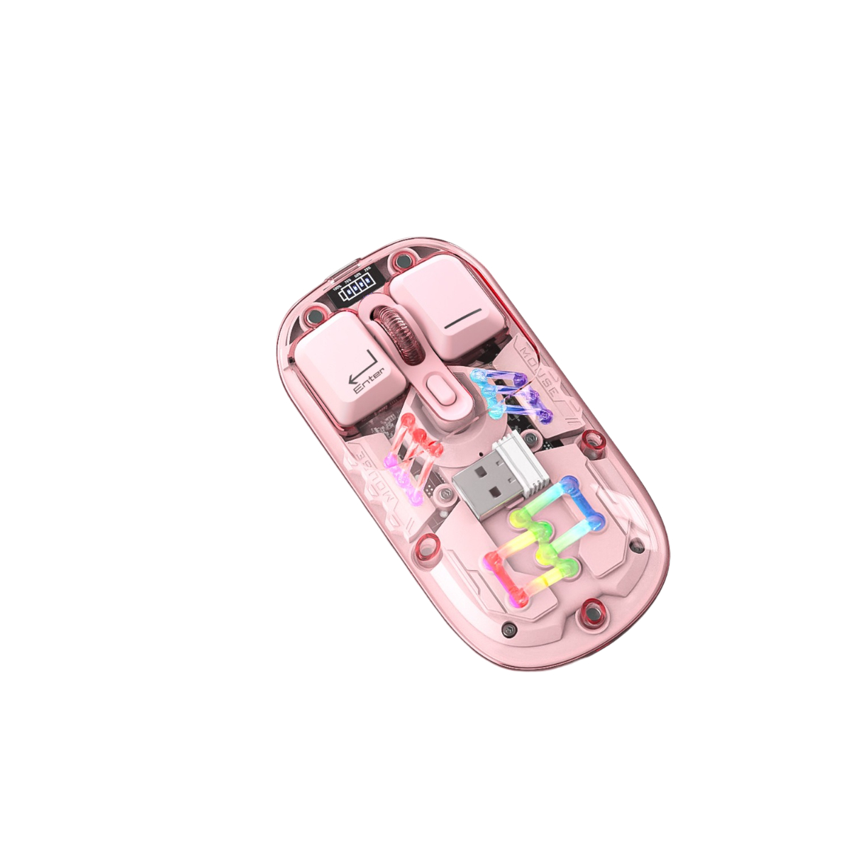 Pinke Gaming-Maus mit transparentem Oberteil. Beleuchtetes Innere mit Tasten und USB-Anschluss.