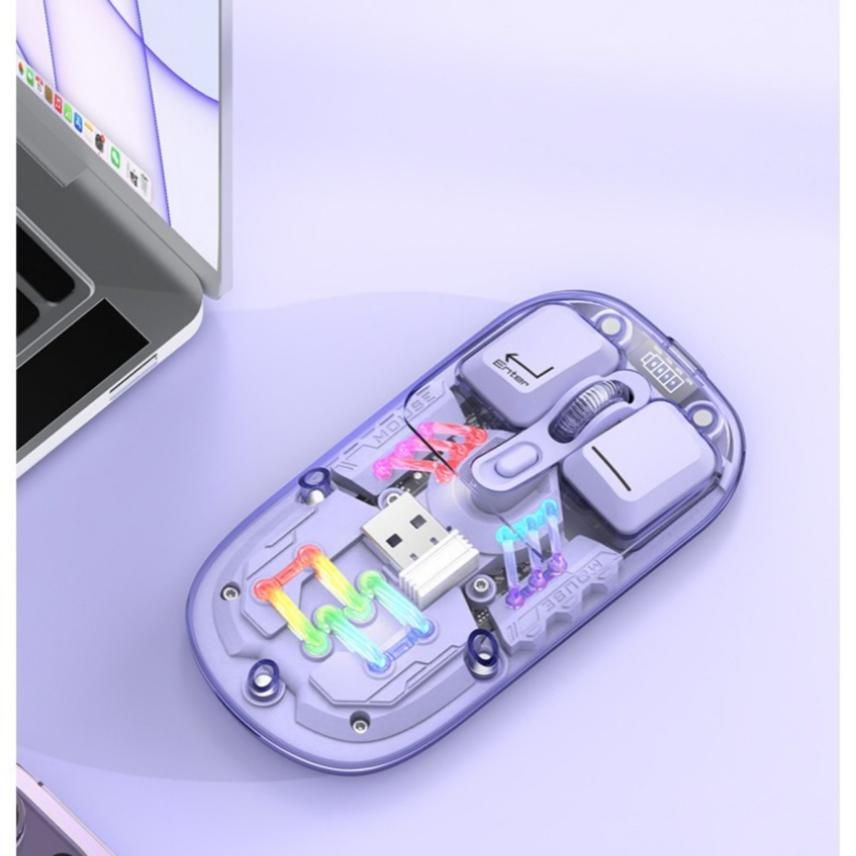 Transparente kabellose Maus mit sichtbaren internen Komponenten und farbenfroher RGB-Beleuchtung.