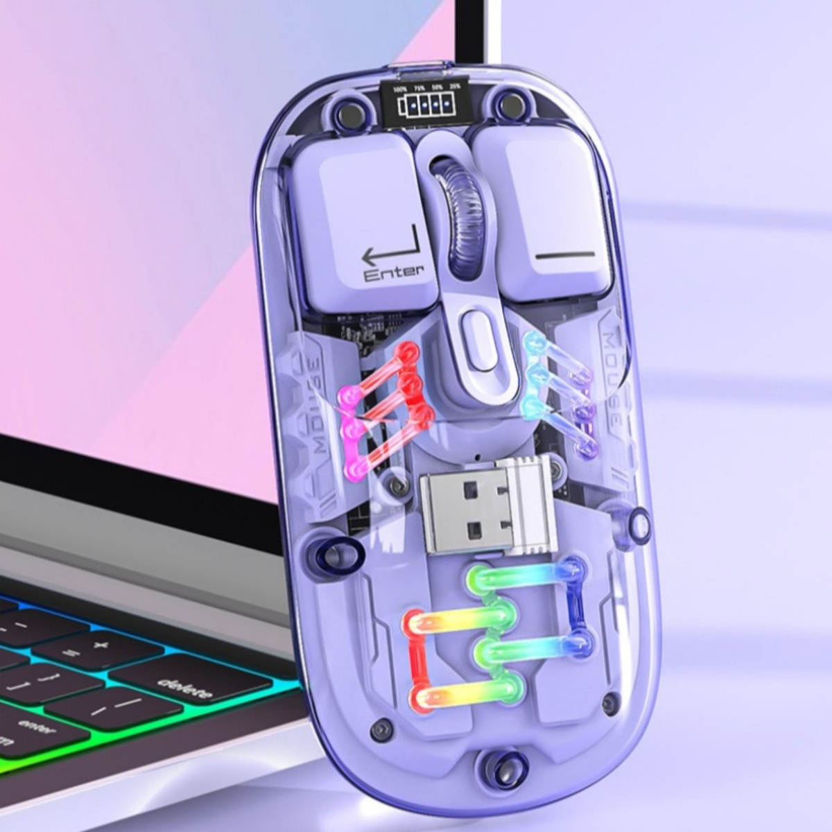 Transparente lila Computermaus mit beleuchteten internen Komponenten und Tasten. USB-Anschluss sichtbar.