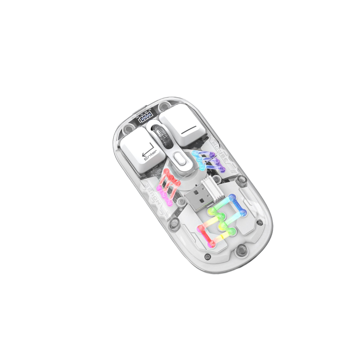 Transparente Gaming-Maus mit internen Komponenten. Inklusive Tasten, USB-Anschluss und farbigen Lichtern.