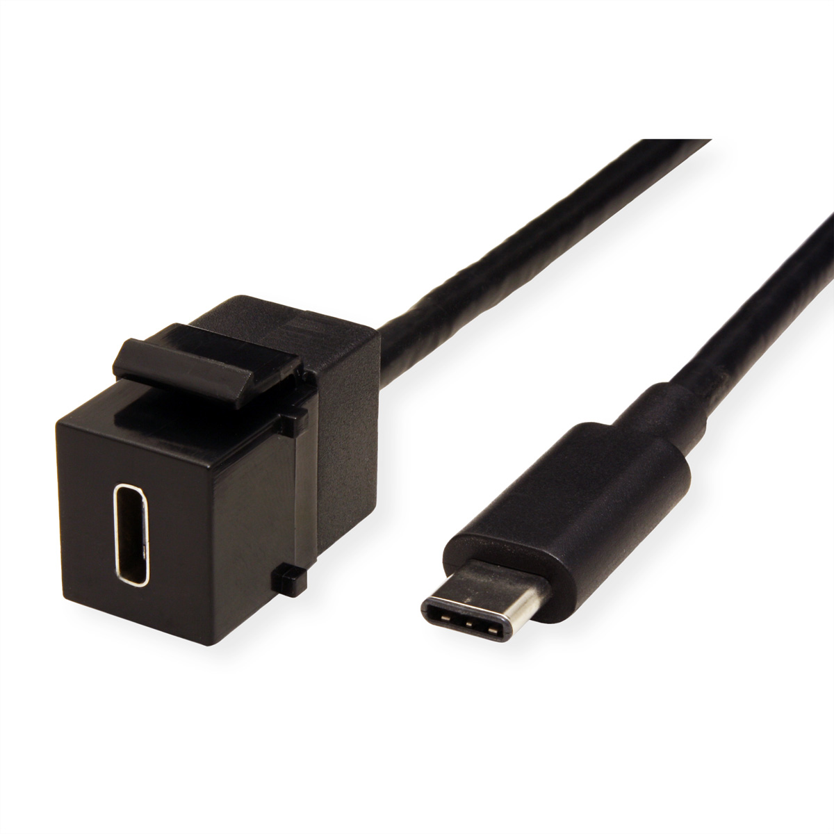 Schwarzes USB-C-Kabel mit USB-C-Anschluss auf weißem Hintergrund.