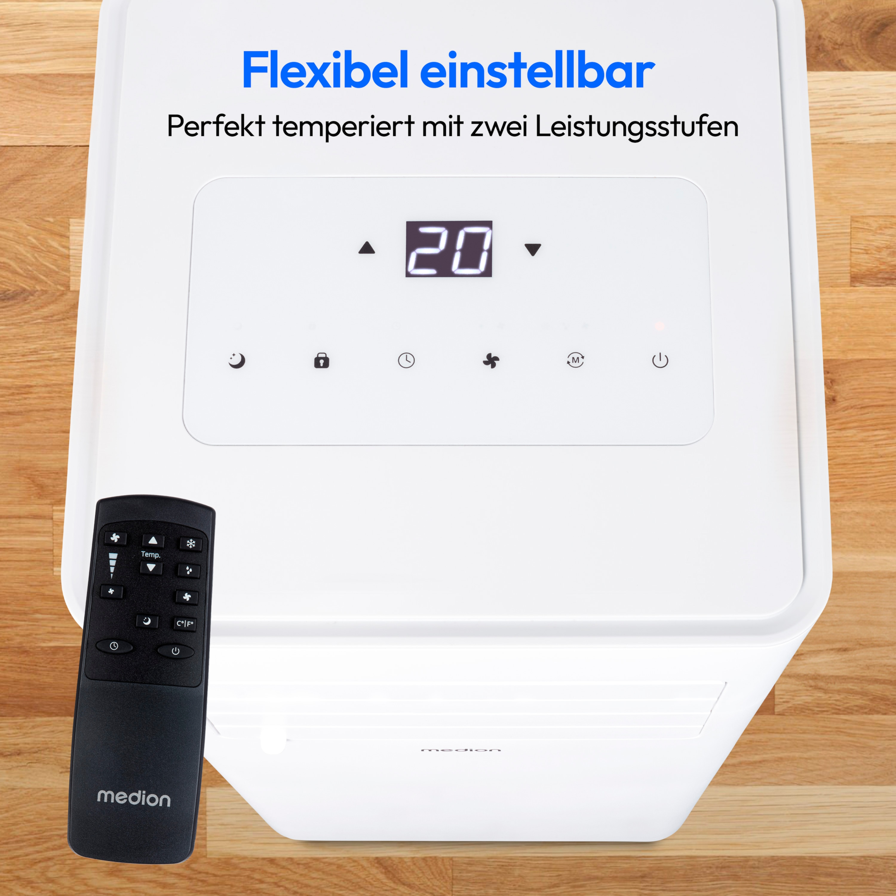 Weißer Luftkühler mit Digitalanzeige 20. Fernbedienung vorne. Hintergrund: Holzoberfläche.