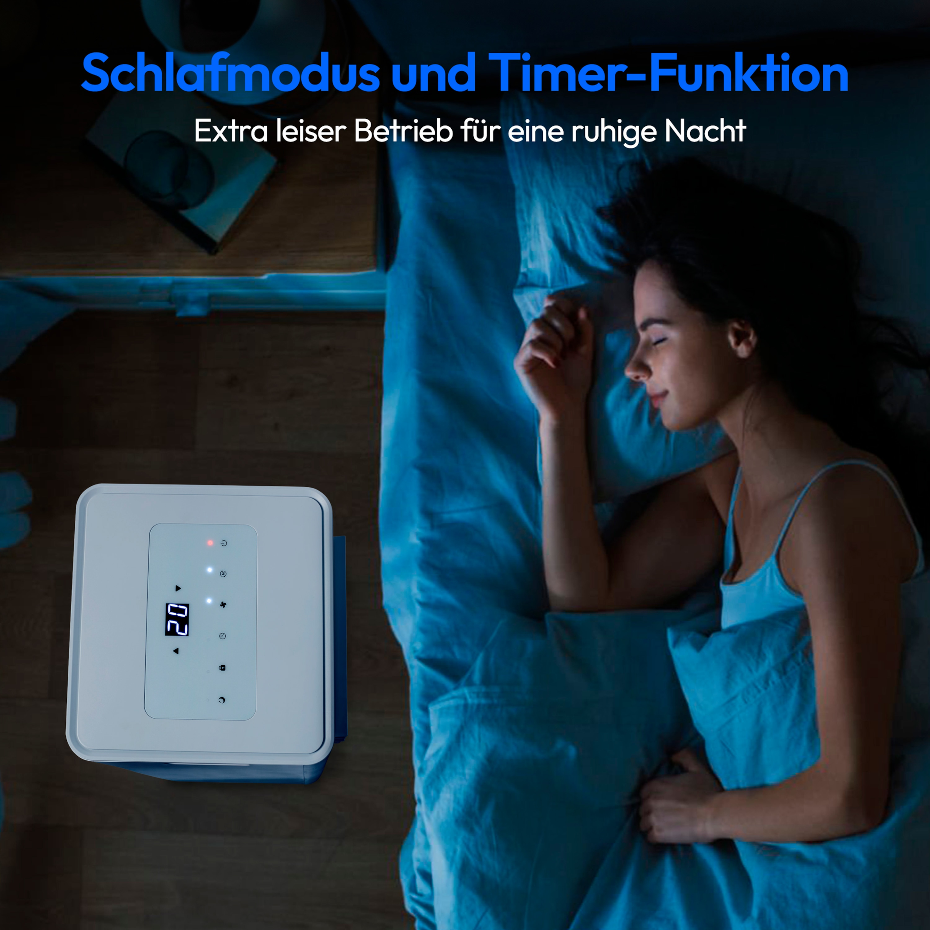 Frau schläft in blauem Bett. Ein weißes Gerät mit Display zeigt die Temperatur. Text: Schlafmodus und Timerfunktion.