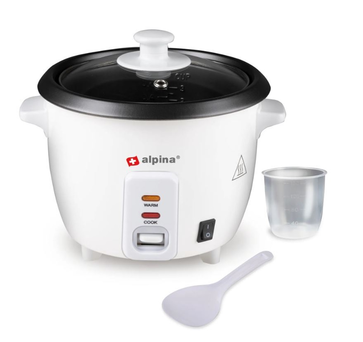 A white rice cooker with a transparent lid, a measuring cup, and a serving spoon.