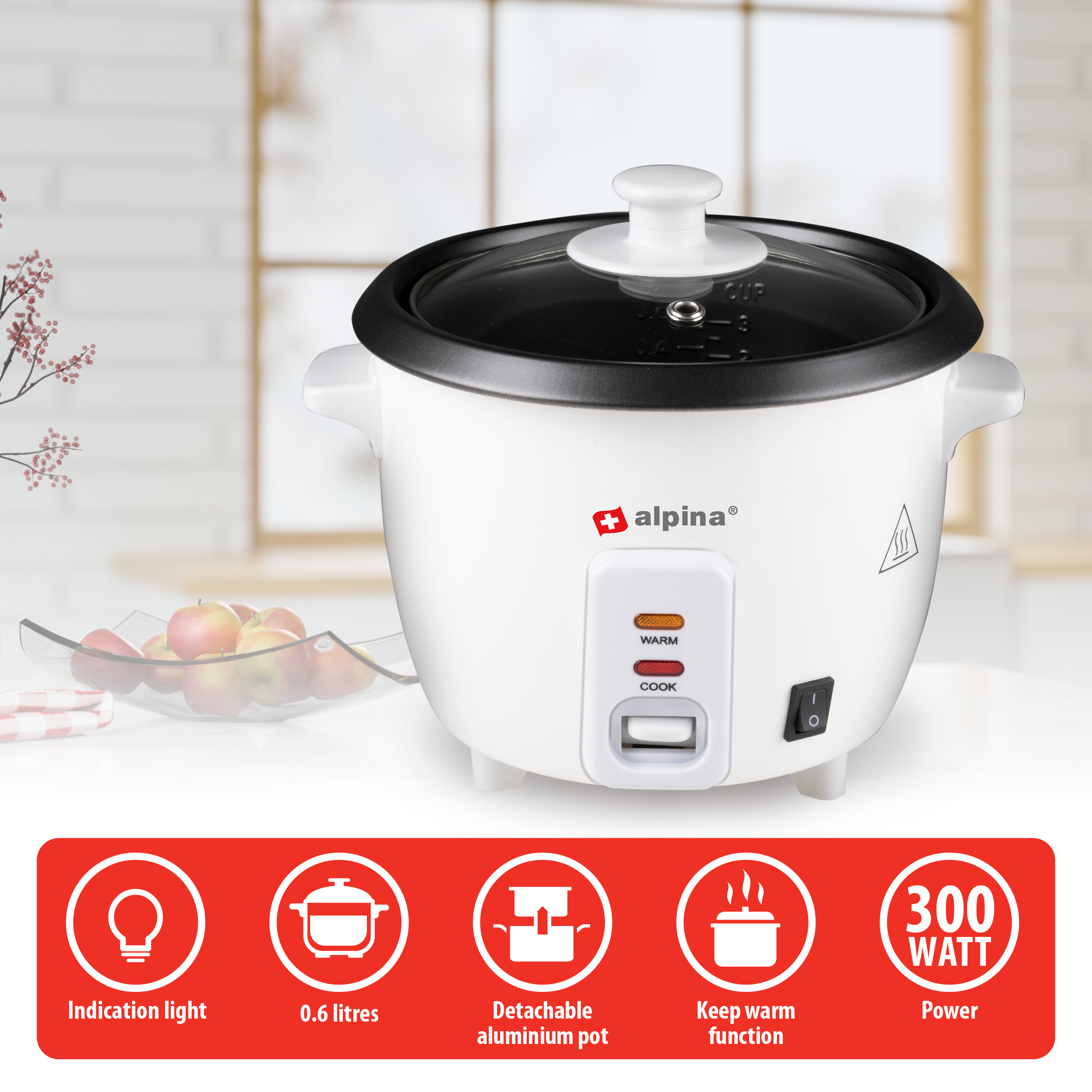 White rice cooker with a glass lid, buttons, and a power cord. Icons at bottom.