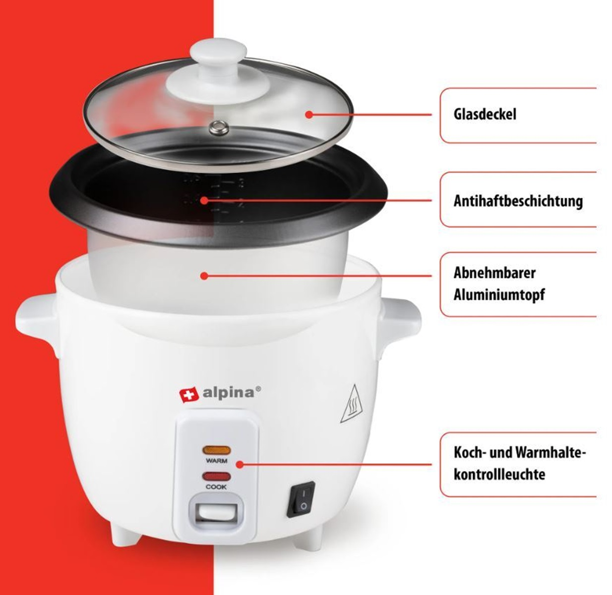White rice cooker with labels, transparent lid, and a black inner pot, on a red background.
