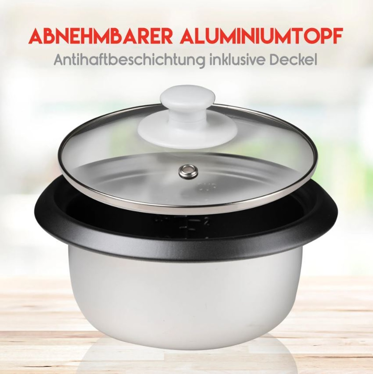 A white rice cooker with a transparent lid.