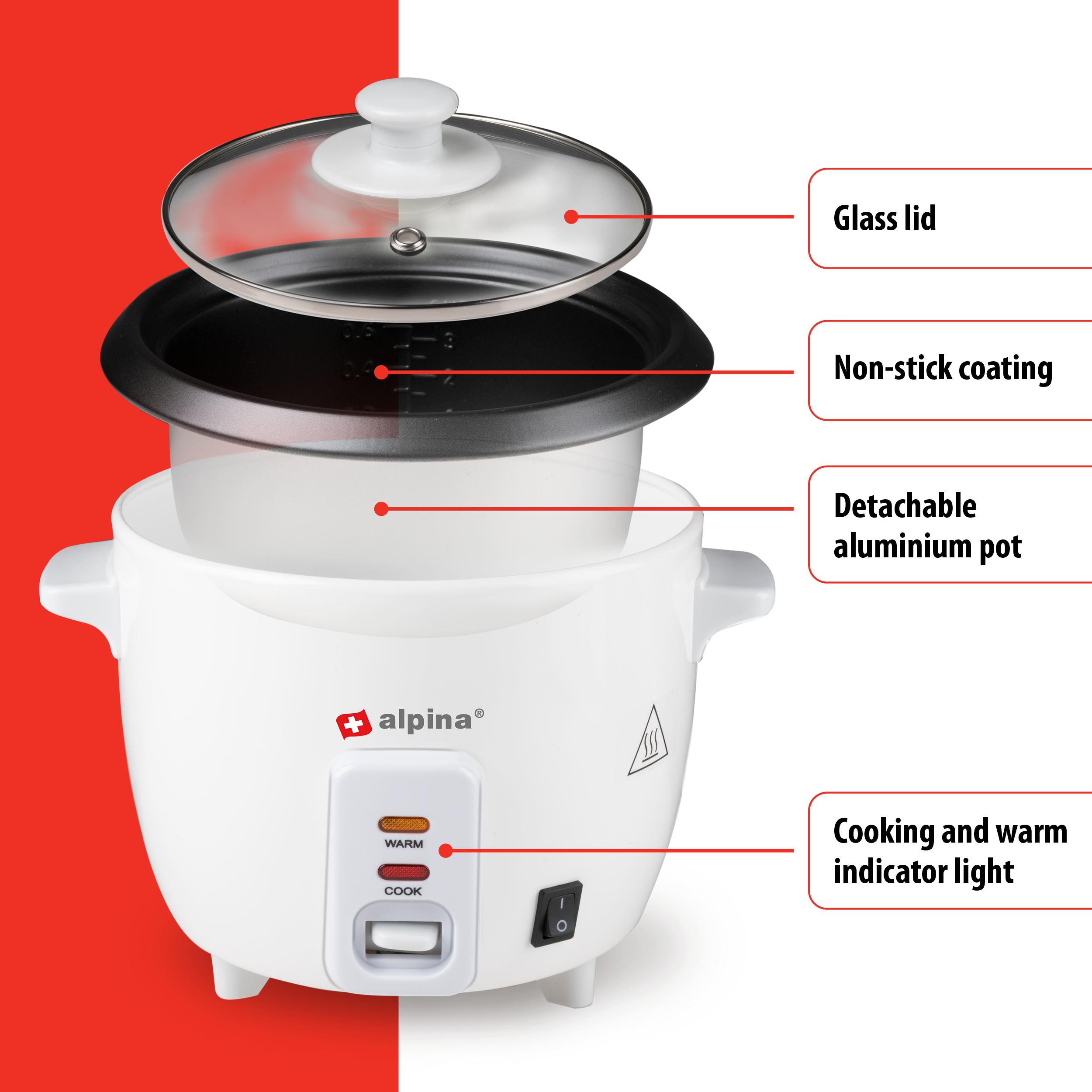 A white rice cooker with a glass lid and black inner pot, labeled for various features.