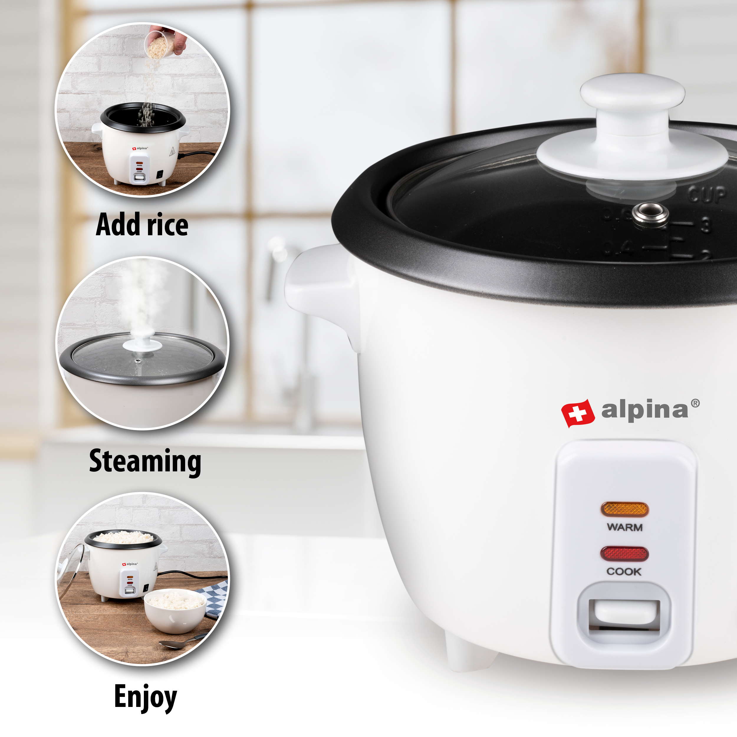 White rice cooker with glass lid, showing rice being added, steaming, and a bowl of rice. Brand name is alpina.