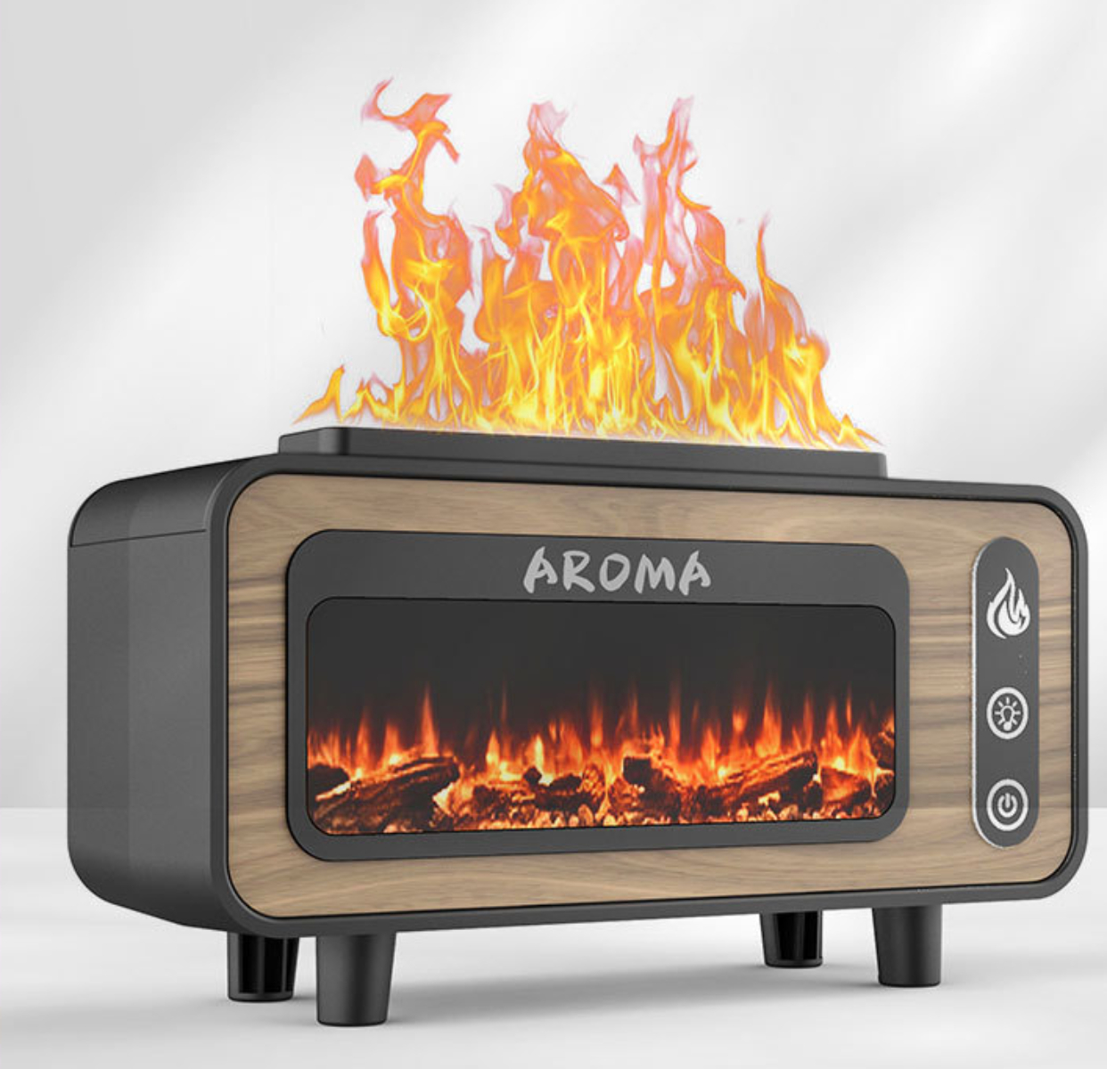 Dekorativer Aroma-Kamin im Holzdesign, mit flammenartigen Lichtern und dem Wort 'AROMA'.