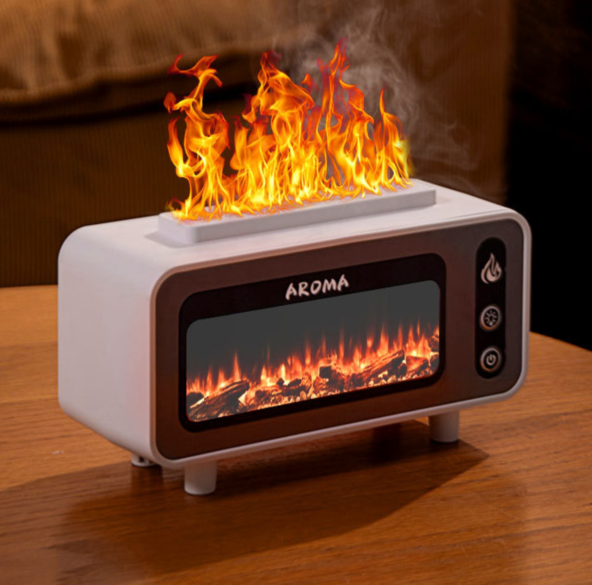 Weißer Aroma-Kamin mit Flammeneffekt und dem Wort AROMA.