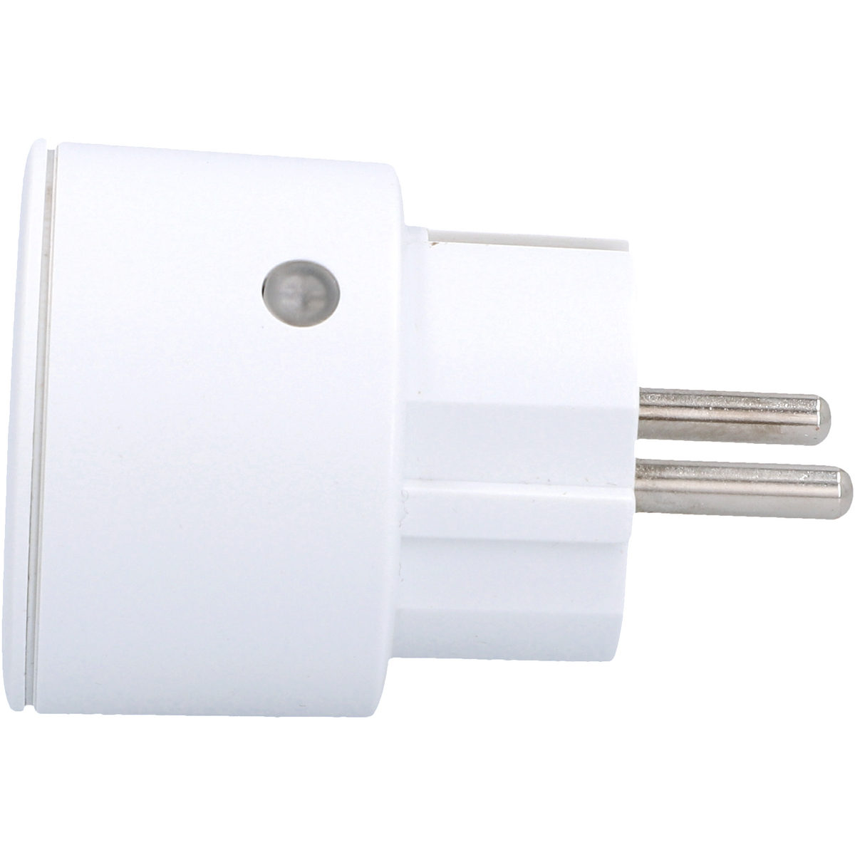 Weißer Smart-Plug-Adapter mit zwei Metallstiften, auf weißem Hintergrund.