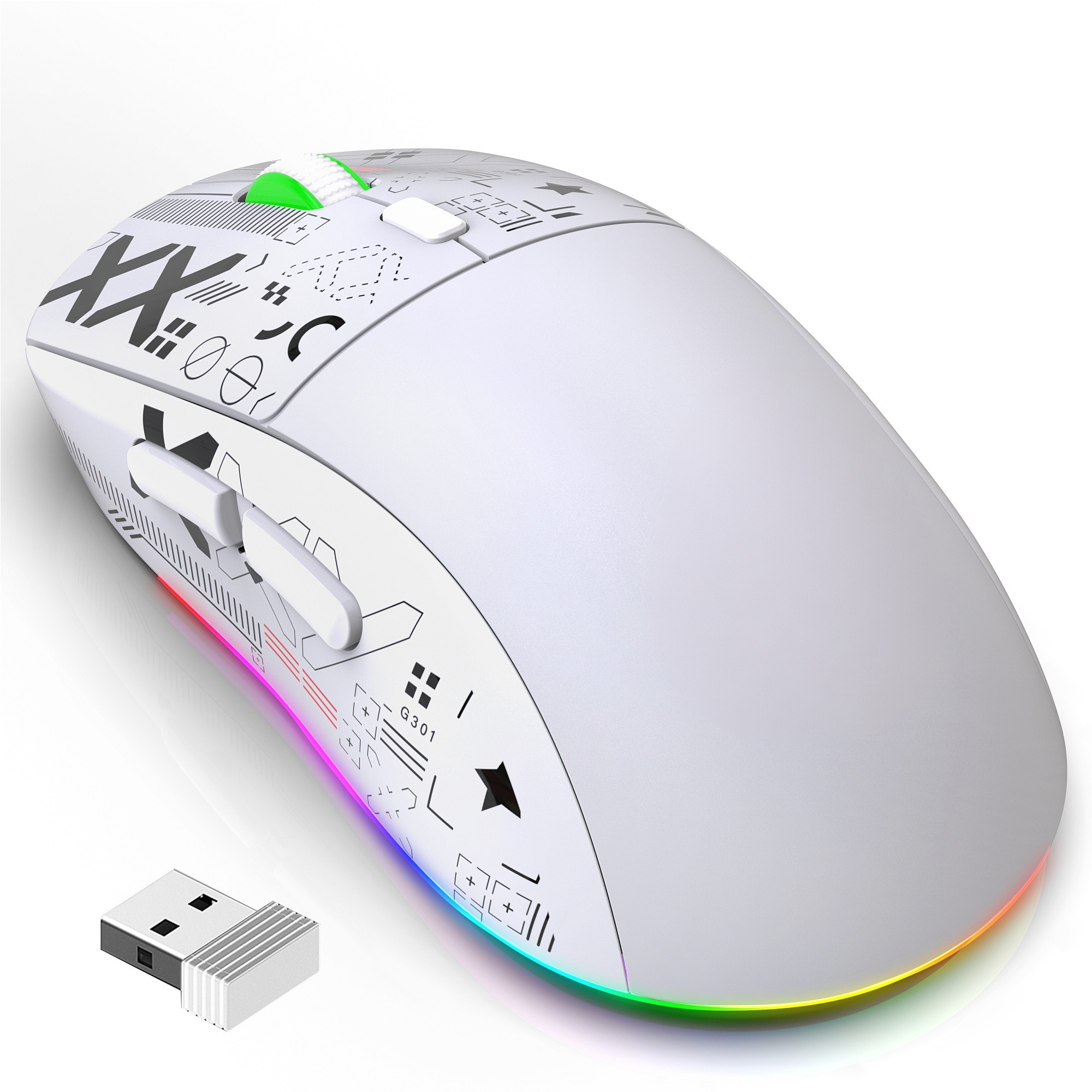 Weiße Gaming-Maus mit RGB-Beleuchtung und USB-Empfänger. Weißer Hintergrund.