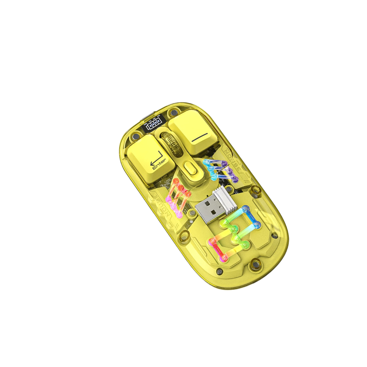 Gelbe Gaming-Maus mit freiliegender Innenausstattung. Sie hat Tasten und einen USB-Anschluss.