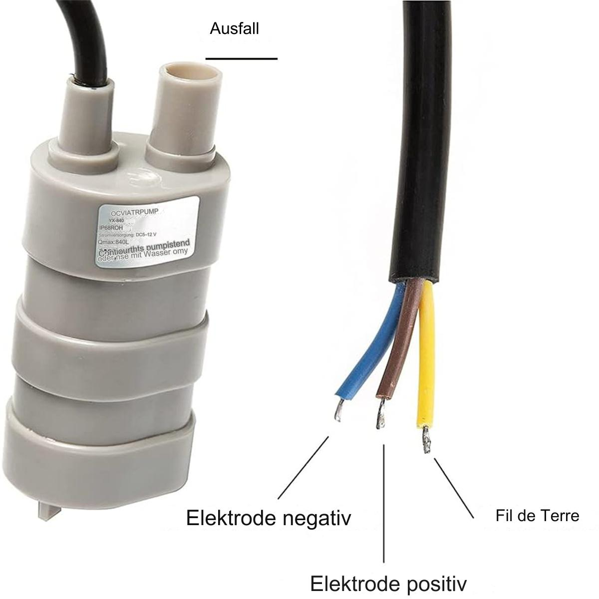 Schnittansicht einer Pumpe mit beschrifteten elektrischen Drähten für Anschlüsse.