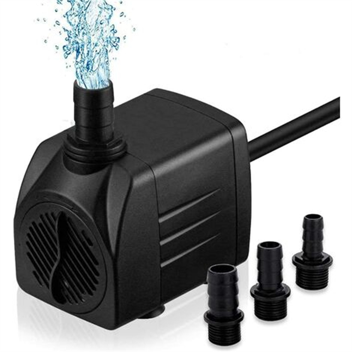 Schwarze Wasserpumpe mit Wasserspritzer. Drei schwarze Anschlussdüsen.