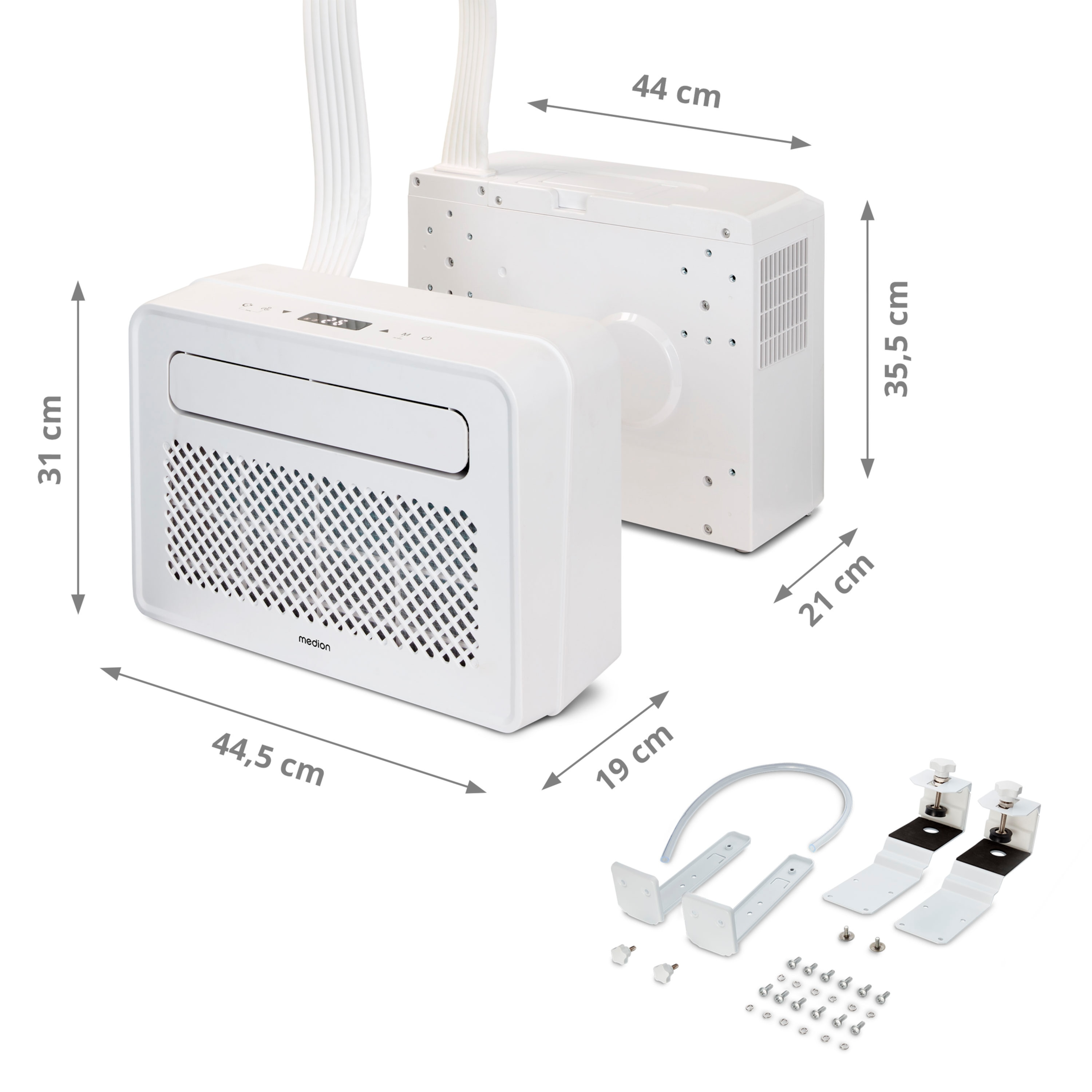 Biały przenośny klimatyzator. Wymiary są opisane. Ma dwa białe węże i elementy montażowe.